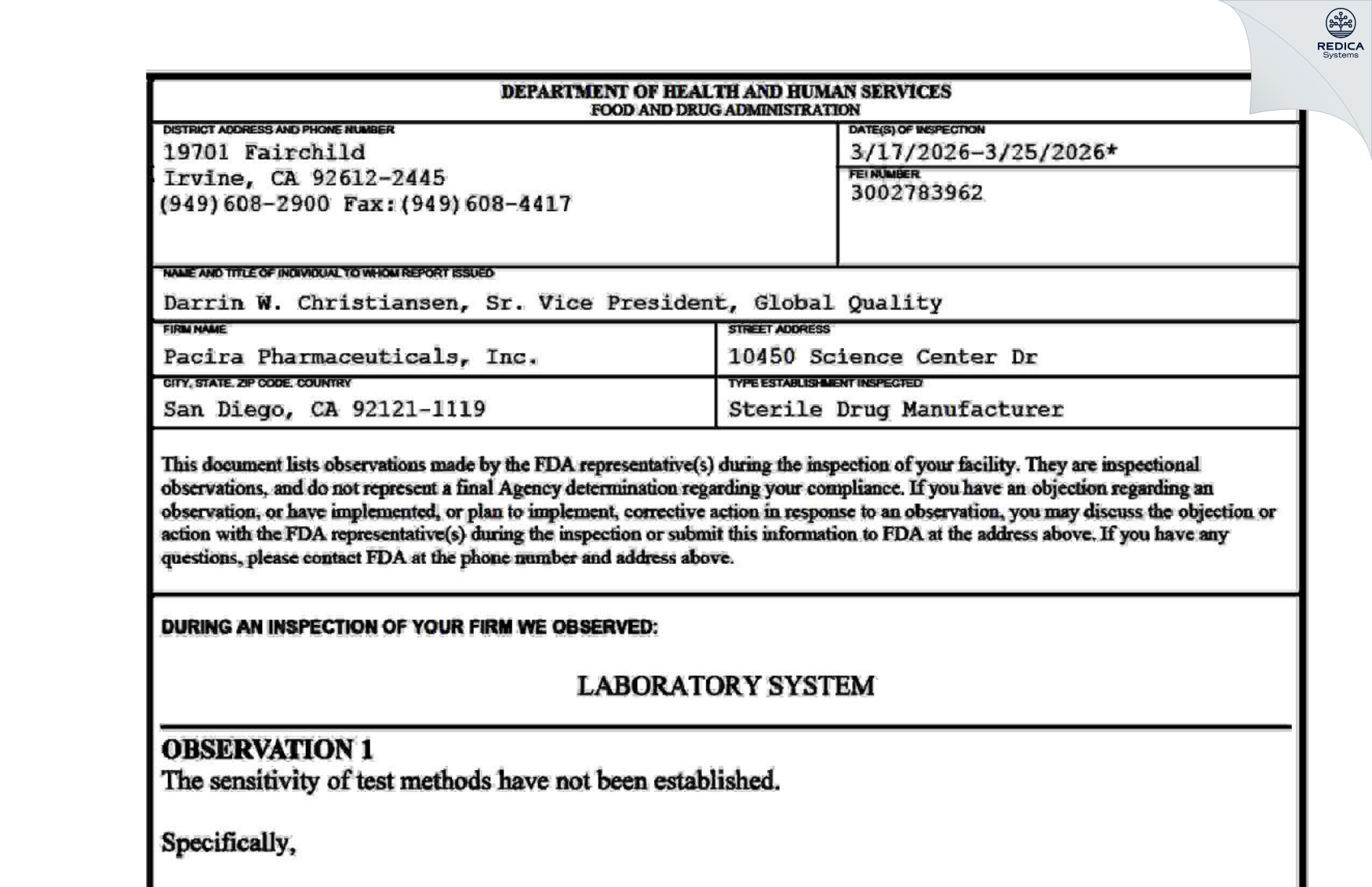 FDA 483 - Pacira Pharmaceuticals, Inc. [San Diego / United States of America] - Download PDF - Redica Systems