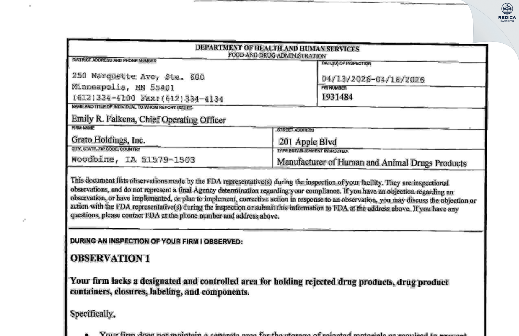 FDA 483 - Apotheca Company [Woodbine / United States of America] - Download PDF - Redica Systems