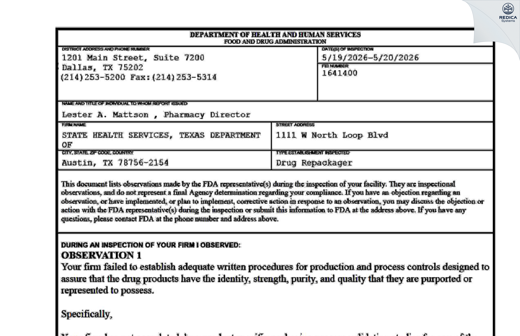 FDA 483 - STATE HEALTH SERVICES, TEXAS DEPARTMENT OF [Austin / United States of America] - Download PDF - Redica Systems