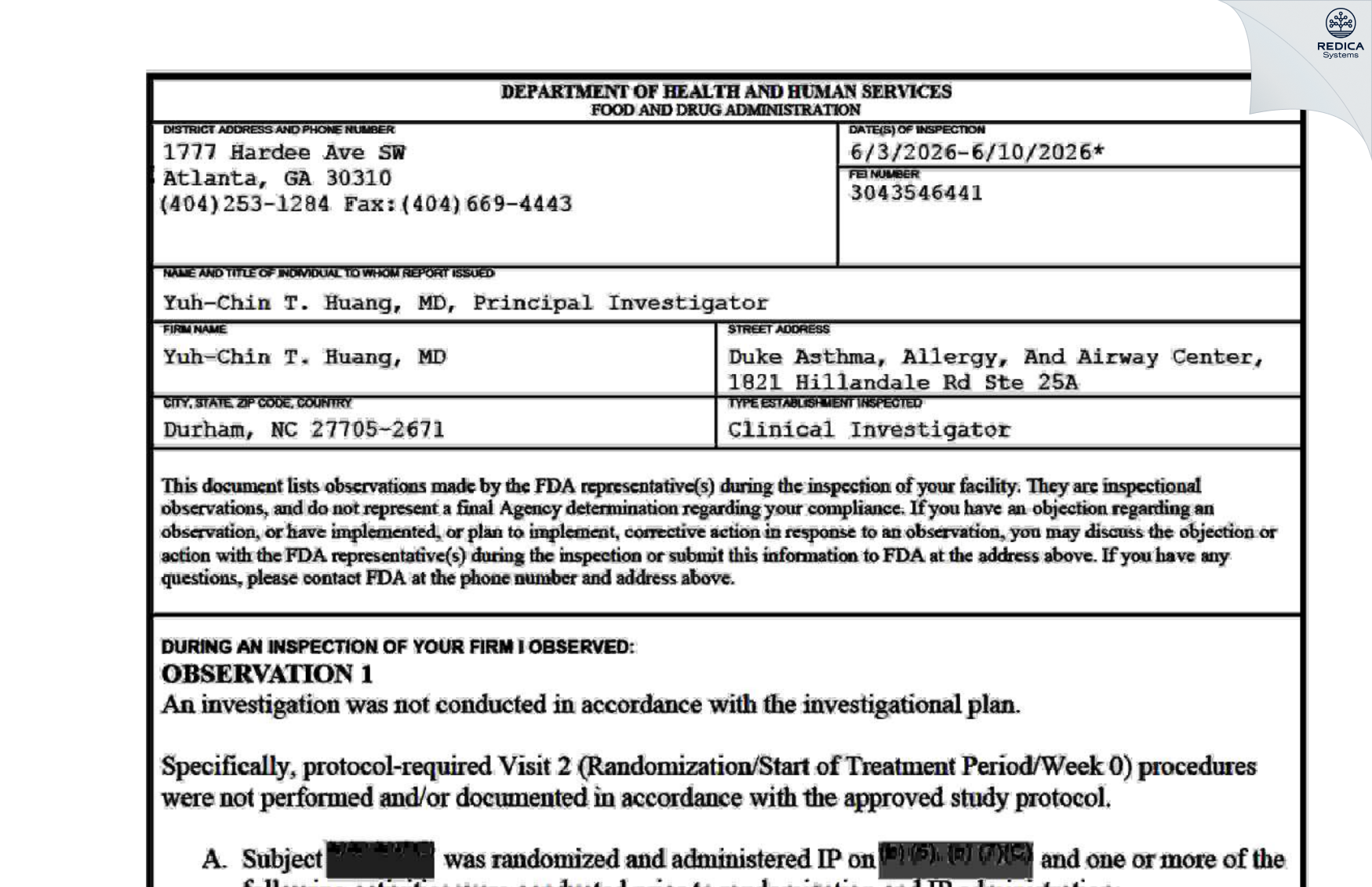 FDA 483 - Yuh-Chin T. Huang, MD [Durham / United States of America] - Download PDF - Redica Systems
