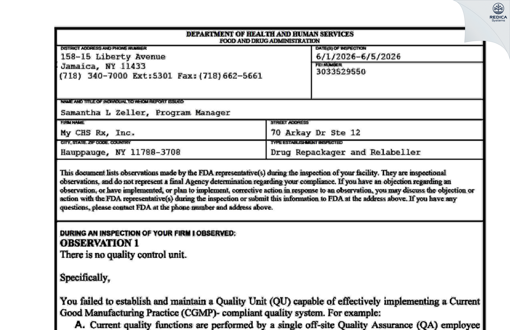 FDA 483 - My CHS Rx, Inc. [Hauppauge / United States of America] - Download PDF - Redica Systems