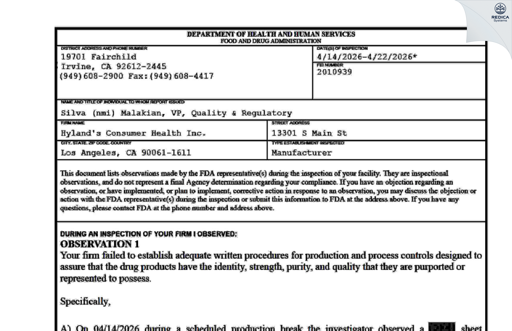 FDA 483 - Hyland's Consumer Health Inc. [Los Angeles / United States of America] - Download PDF - Redica Systems