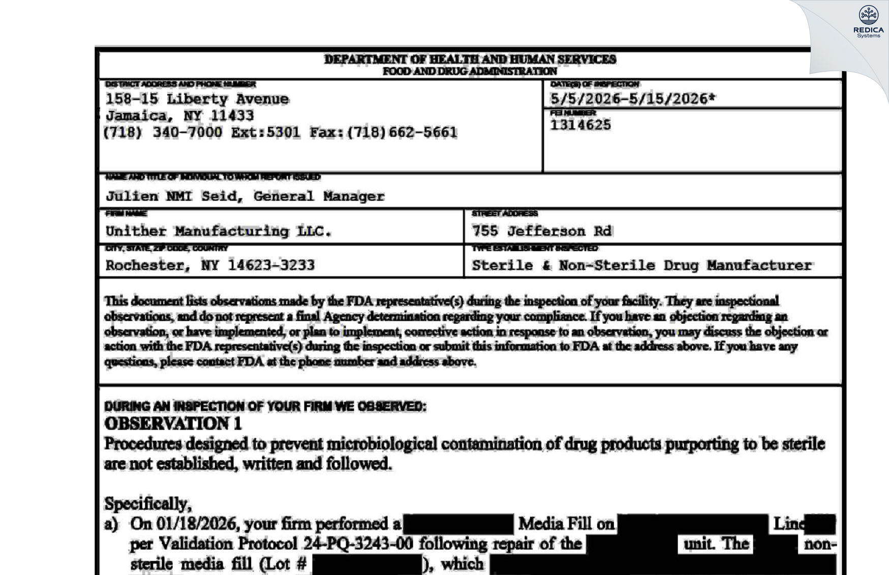 FDA 483 - Unither Manufacturing LLC [Rochester / United States of America] - Download PDF - Redica Systems