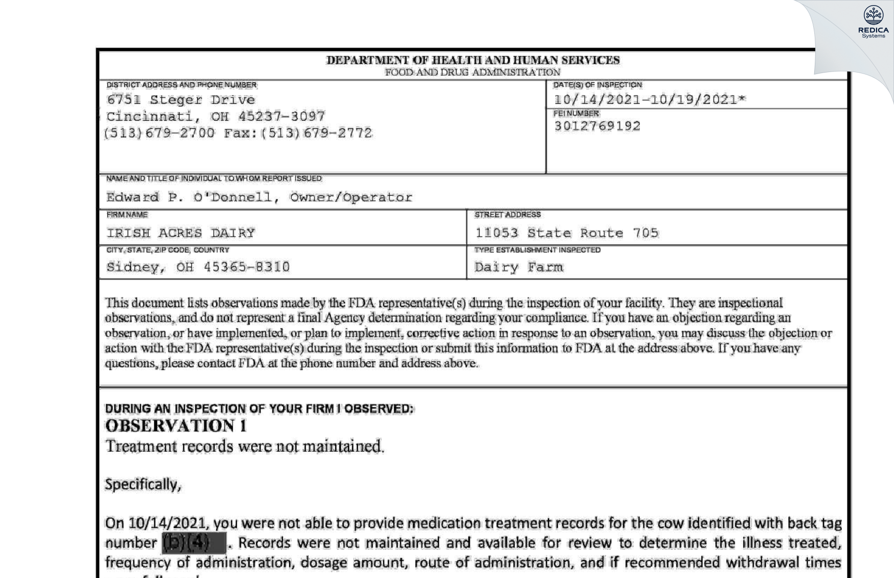 FDA 483 - IRISH ACRES DAIRY [Sidney / United States of America] - Download PDF - Redica Systems
