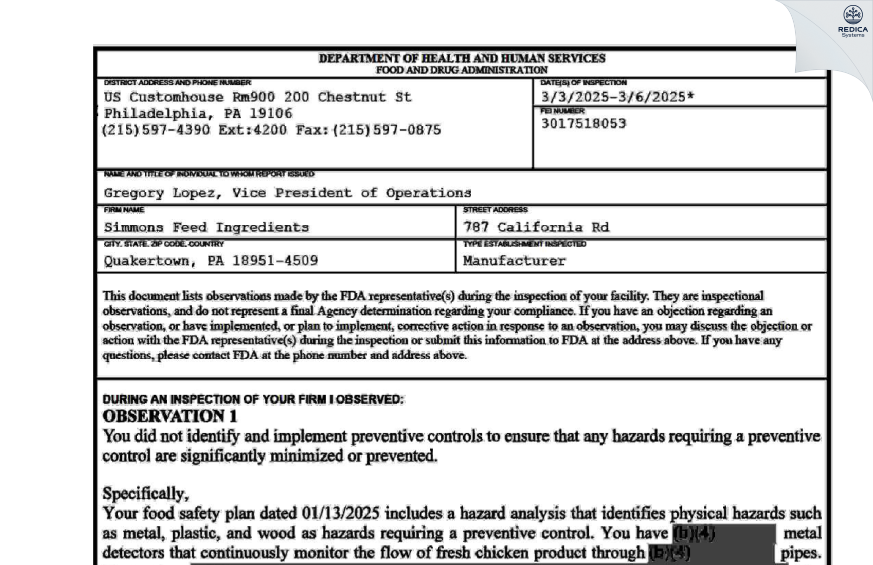 FDA 483 - Simmons Feed Ingredients [Quakertown / United States of America] - Download PDF - Redica Systems