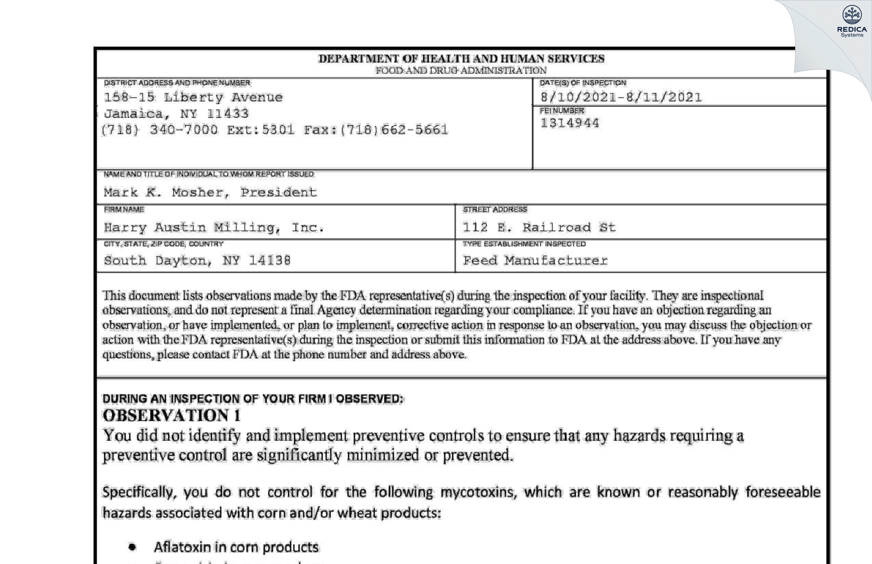 FDA 483 - Harry Austin Milling, Inc. [South Dayton / United States of America] - Download PDF - Redica Systems