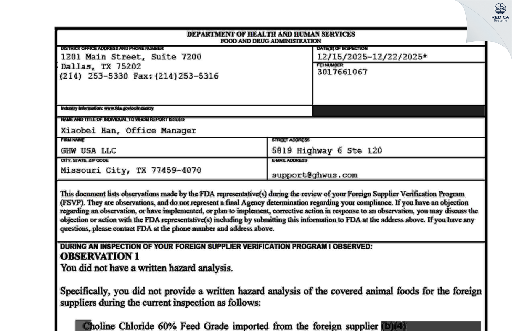 FDA 483 - GHW USA LLC [Missouri City / United States of America] - Download PDF - Redica Systems