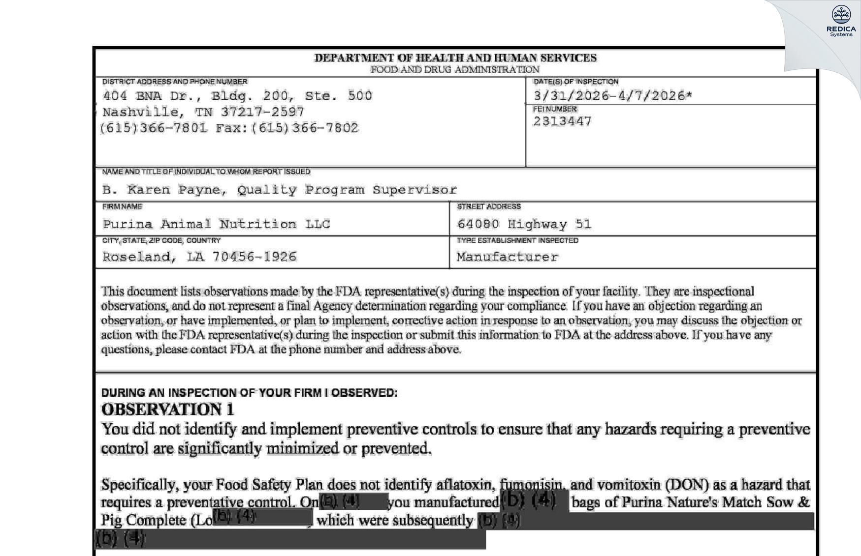 FDA 483 - Purina Animal Nutrition LLC [Roseland / United States of America] - Download PDF - Redica Systems