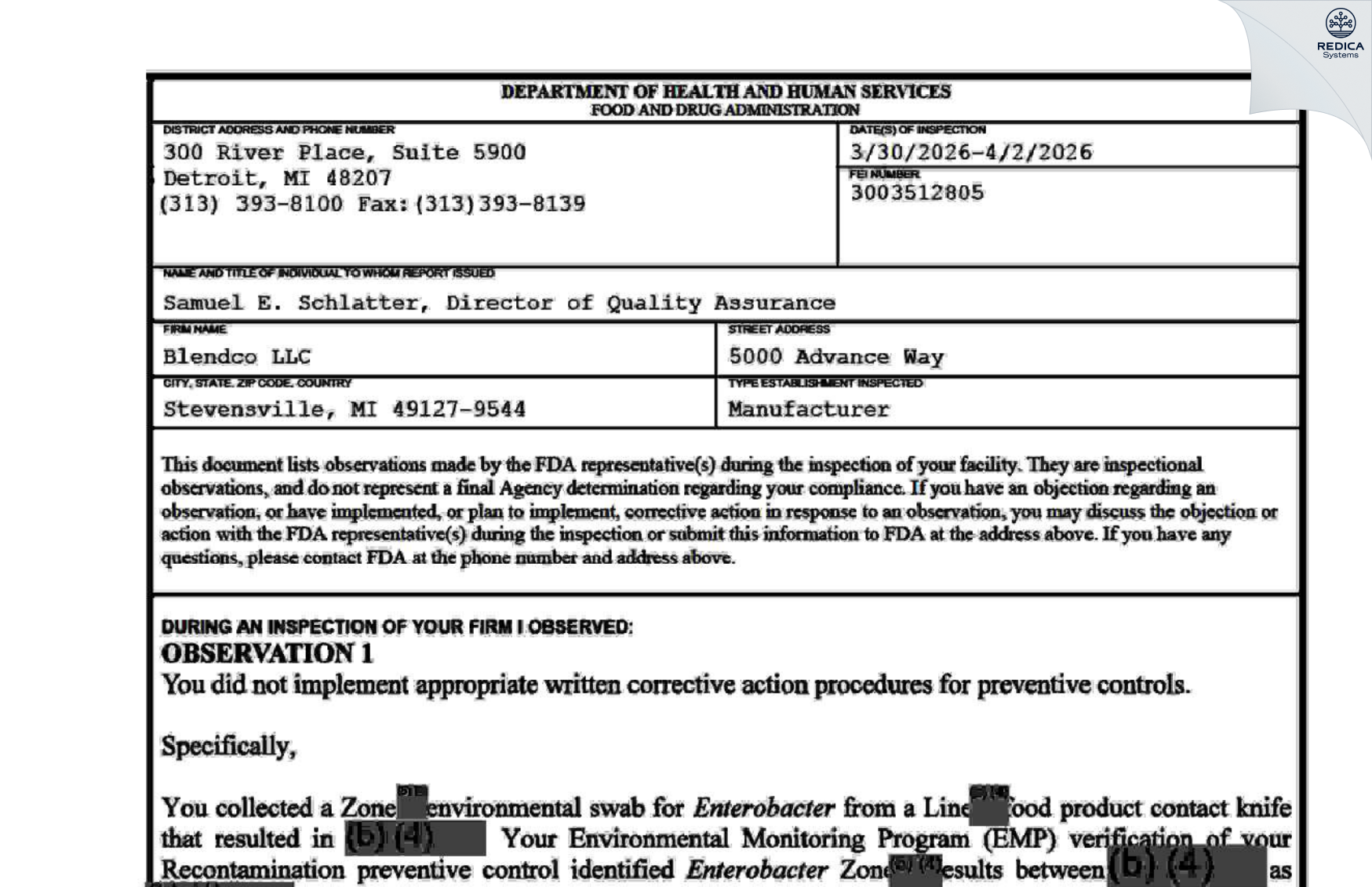 FDA 483 - Blendco LLC [Ottumwa / United States of America] - Download PDF - Redica Systems