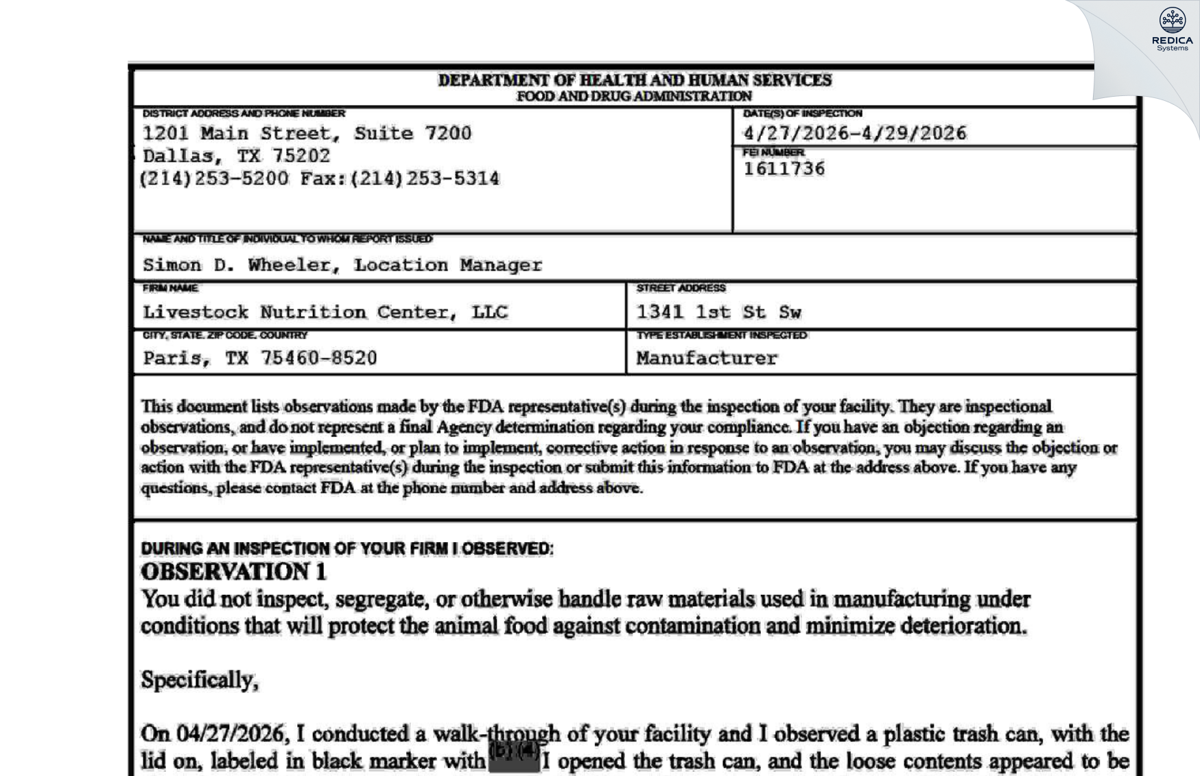 FDA 483 - Ragland Mills, Inc [Paris / United States of America] - Download PDF - Redica Systems