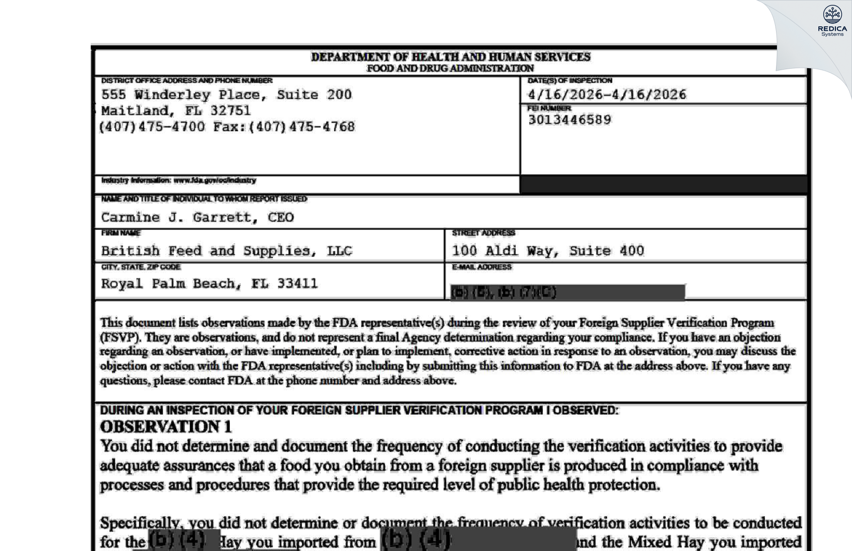 FDA 483 - BRITISH FEED AND SUPPLIES [Loxahatchee / United States of America] - Download PDF - Redica Systems