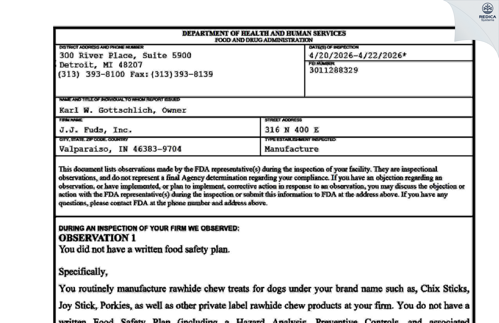 FDA 483 - J.J. Fuds, Inc. [Valparaiso / United States of America] - Download PDF - Redica Systems