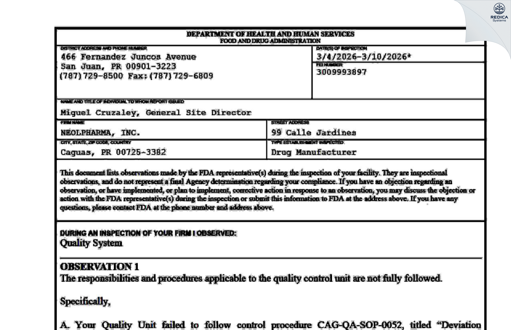 FDA 483 - Neolpharma, Inc. [Caguas / Puerto Rico] - Download PDF - Redica Systems