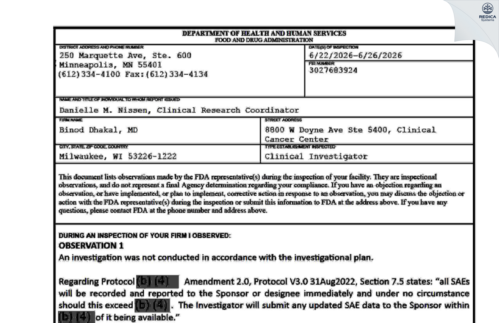 FDA 483 - Binod Dhakal, MD [Milwaukee / United States of America] - Download PDF - Redica Systems