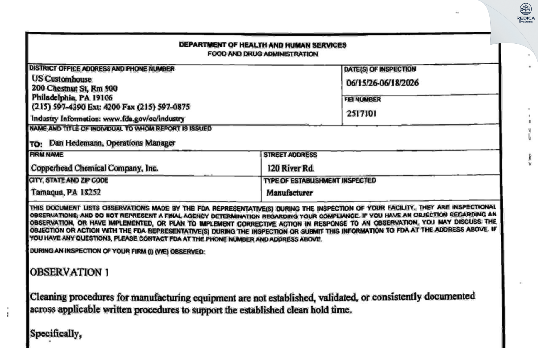FDA 483 - Copperhead Chemical Company Inc. [Tamaqua / United States of America] - Download PDF - Redica Systems