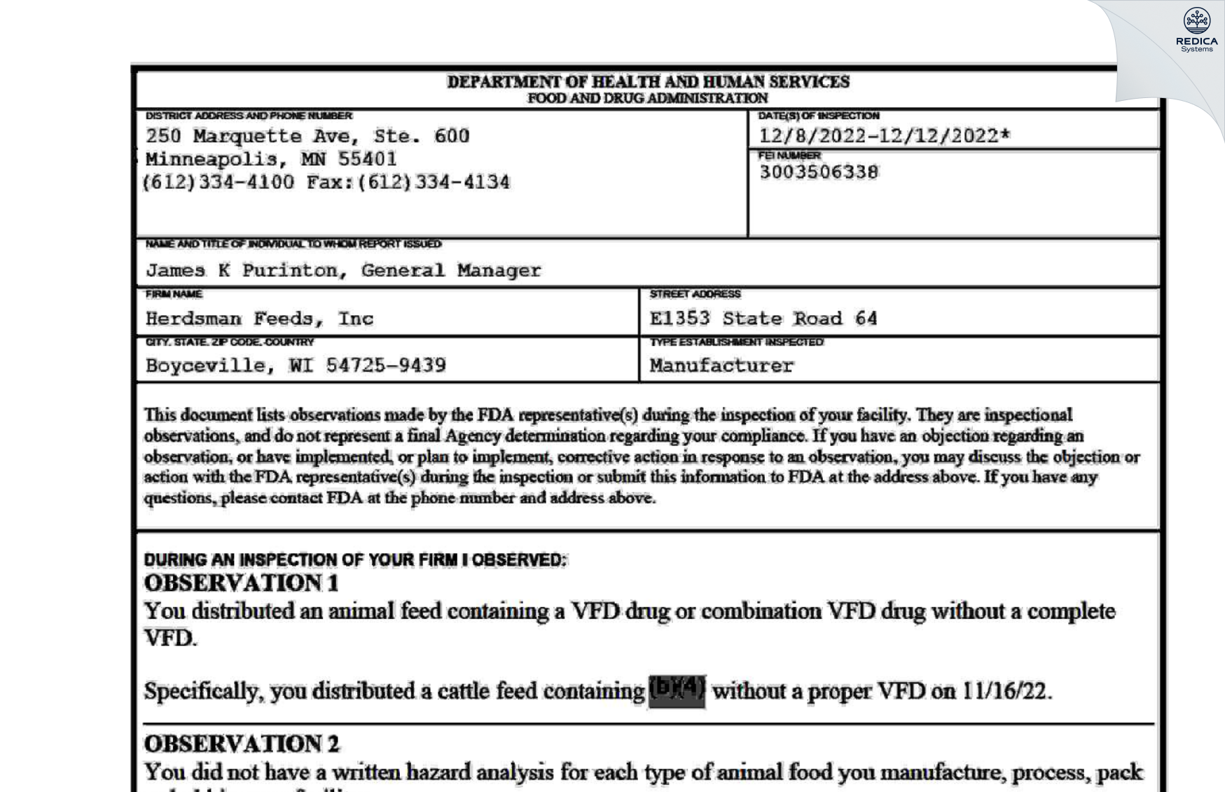 FDA 483 - Herdsman Feeds, Inc [Boyceville / United States of America] - Download PDF - Redica Systems