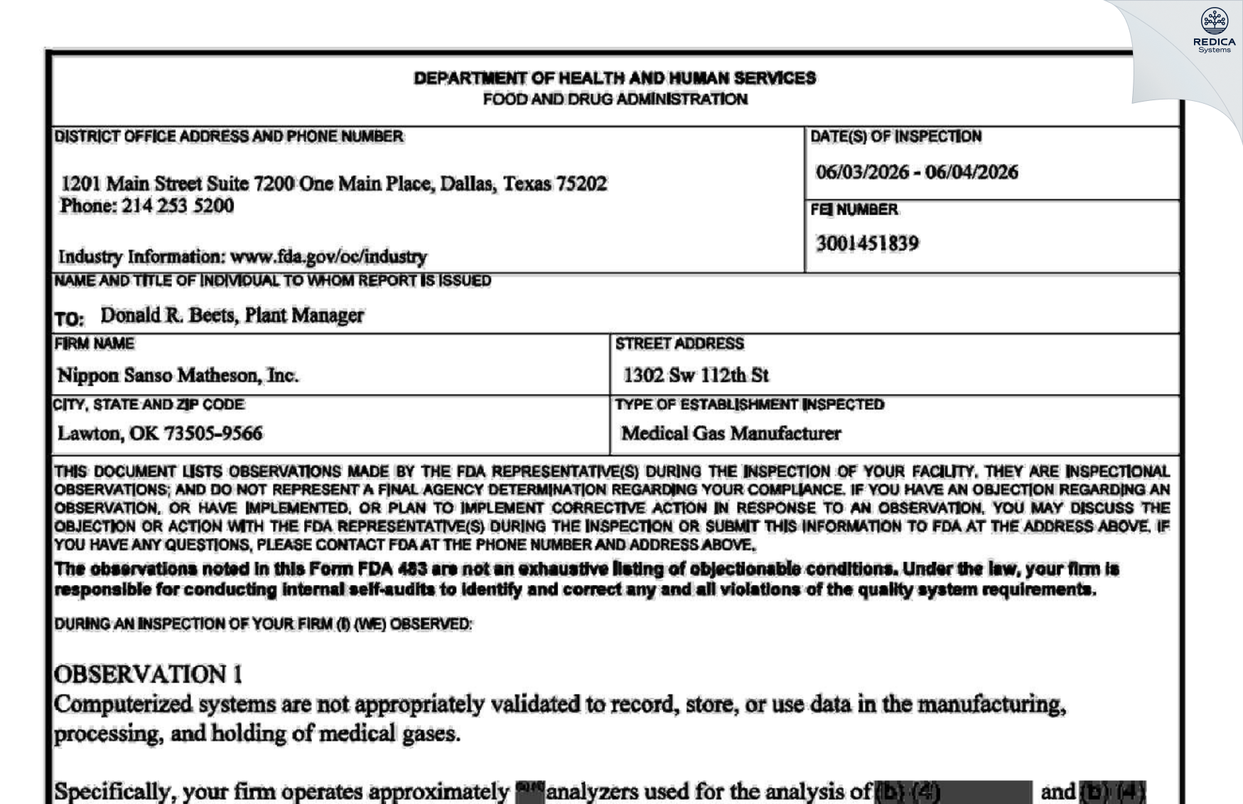 FDA 483 - Matheson Tri-Gas, Inc. [Lawton / United States of America] - Download PDF - Redica Systems