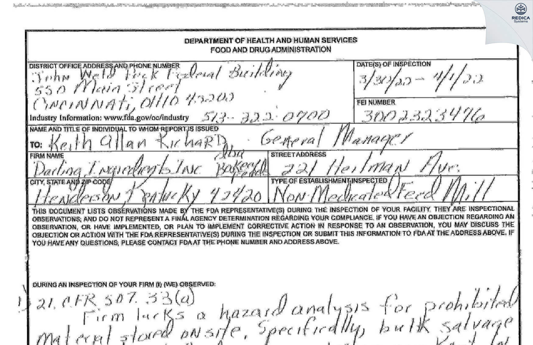 FDA 483 - Darling Ingredients, Inc. dba Bakery Feeds - A Division of Darling Ingredients [Henderson / United States of America] - Download PDF - Redica Systems