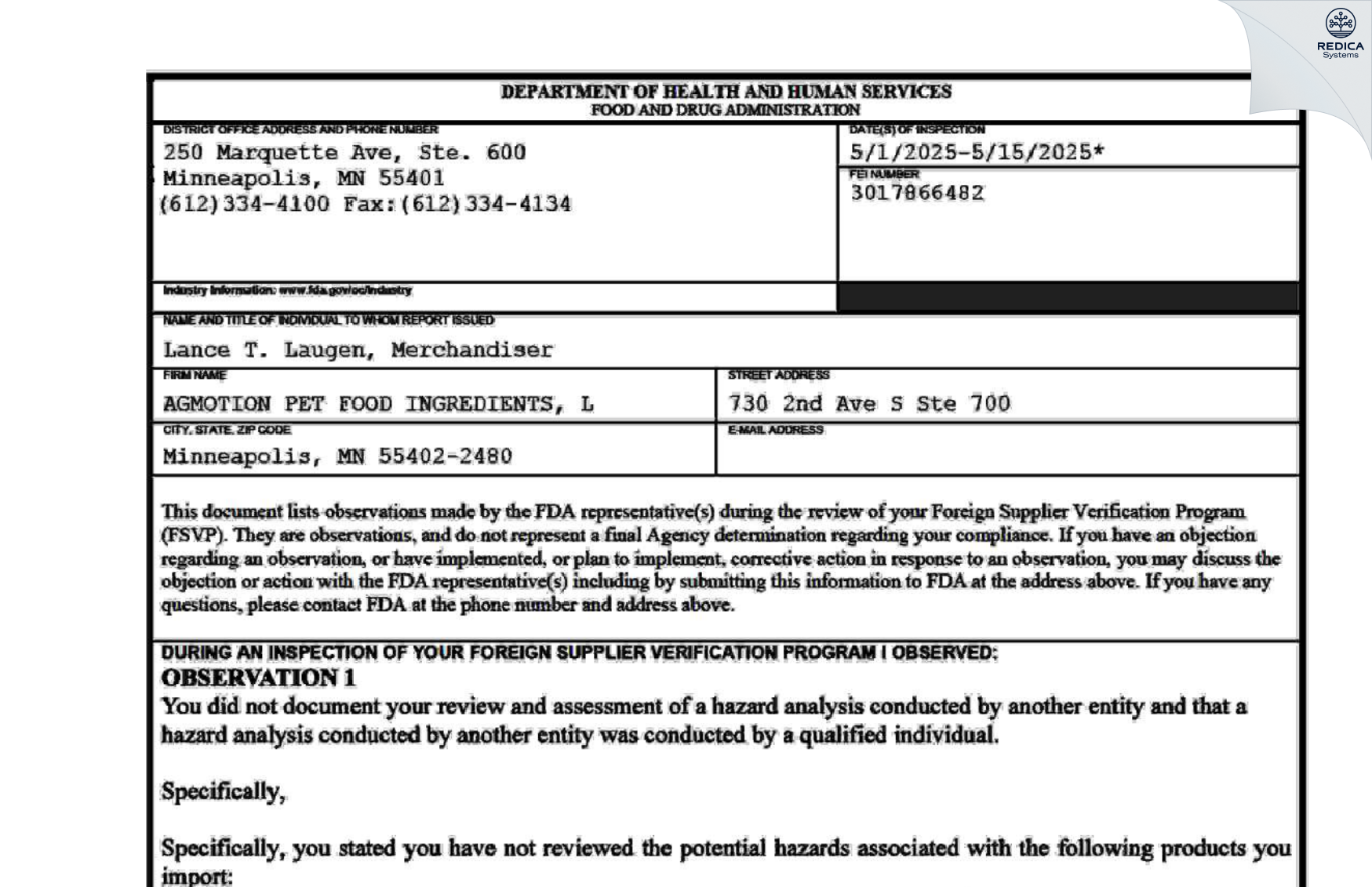 FDA 483 - AGMOTION PET FOOD INGREDIENTS, L [Minneapolis / United States of America] - Download PDF - Redica Systems