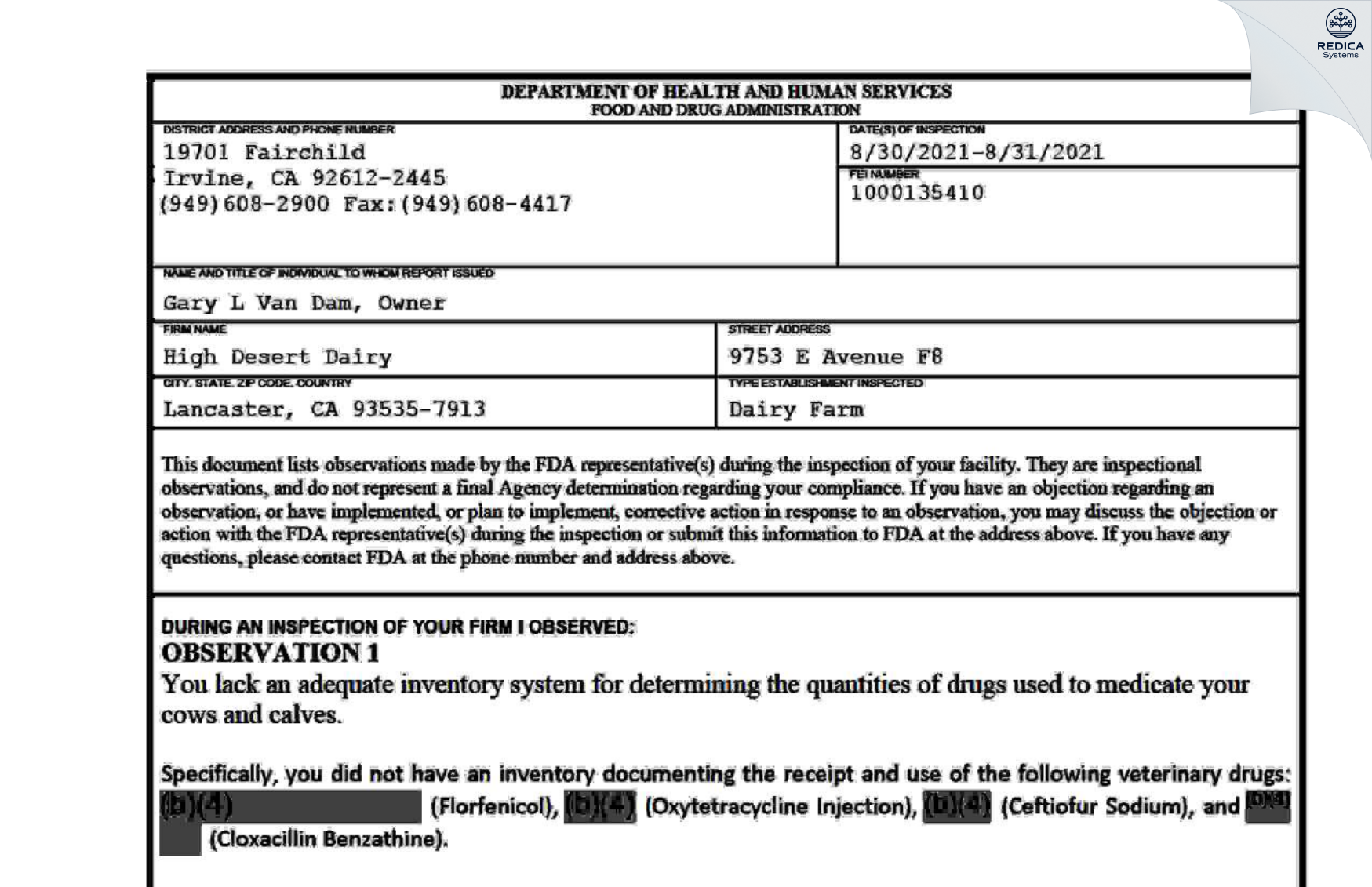 FDA 483 - High Desert Dairy [Lancaster / United States of America] - Download PDF - Redica Systems