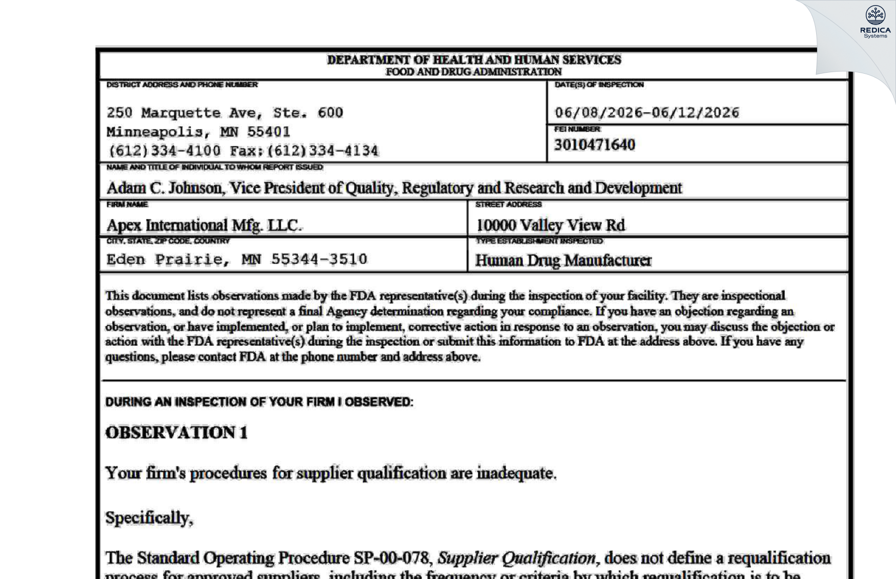 FDA 483 - Apex International Mfg., LLC [Eden Prairie / United States of America] - Download PDF - Redica Systems