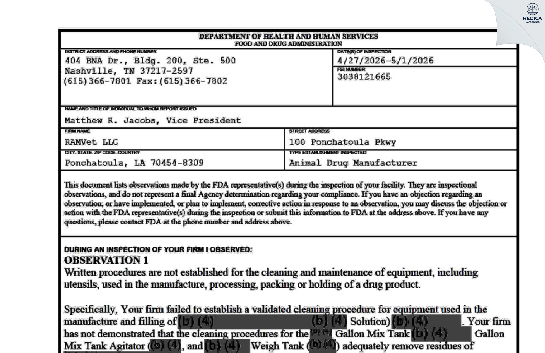 FDA 483 - RAMVet LLC [Ponchatoula / United States of America] - Download PDF - Redica Systems