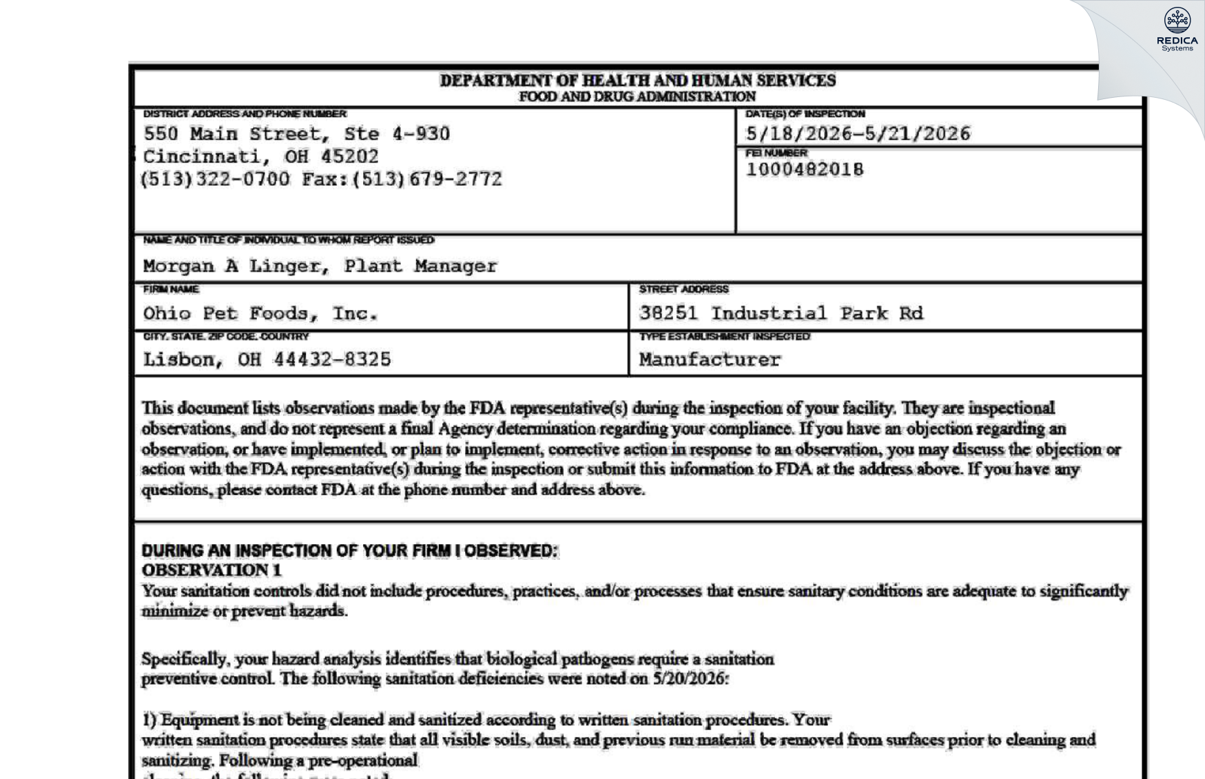 FDA 483 - Ohio Pet Foods, Inc. [Lisbon / United States of America] - Download PDF - Redica Systems