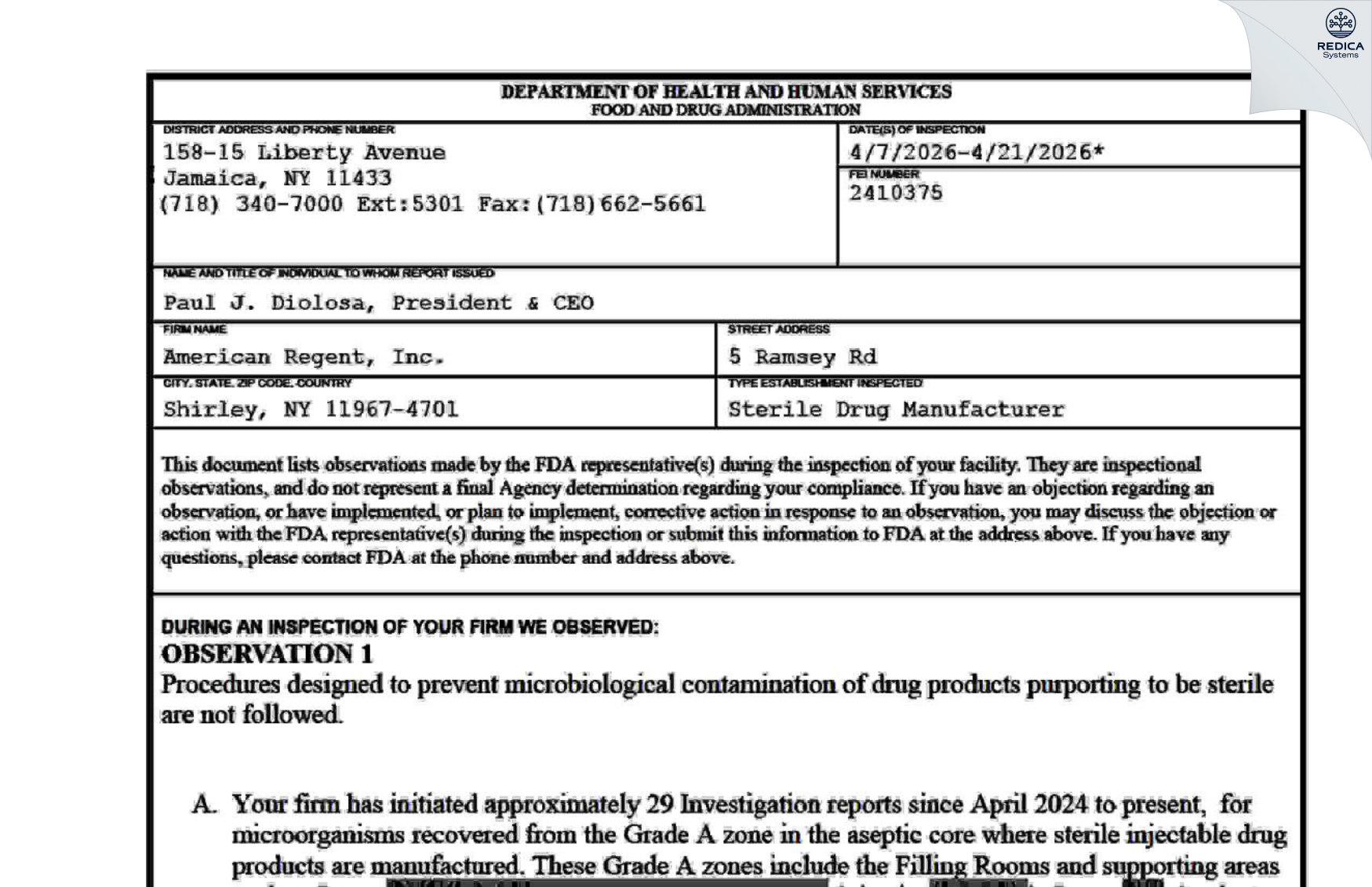 FDA 483 - American Regent, Inc. [Shirley / United States of America] - Download PDF - Redica Systems