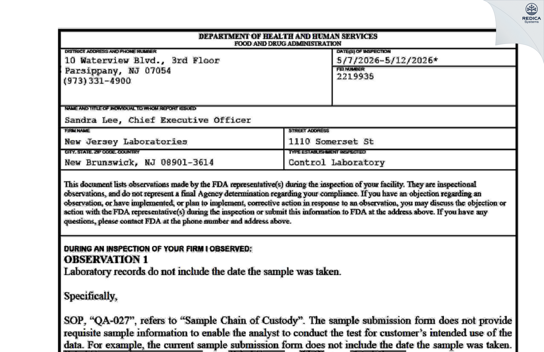 FDA 483 - New Jersey Laboratories [New Brunswick / United States of America] - Download PDF - Redica Systems