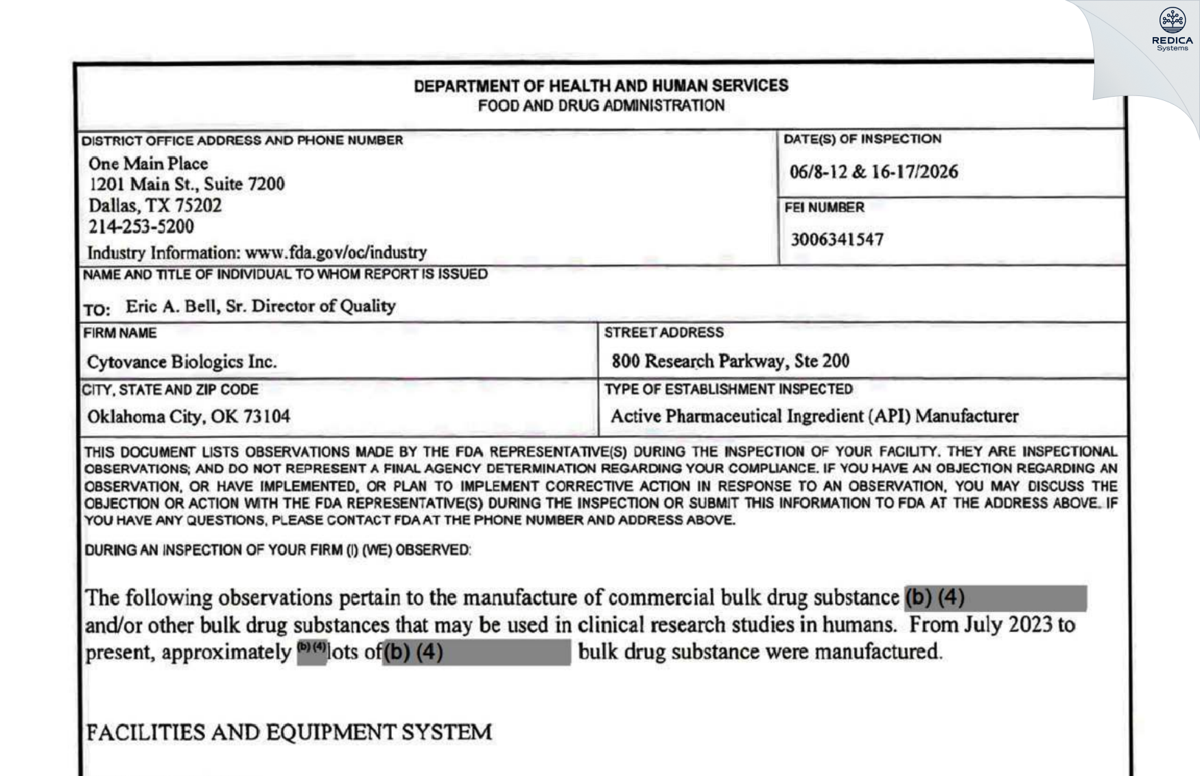 FDA 483 - Cytovance Biologics, Inc. [Oklahoma City / United States of America] - Download PDF - Redica Systems
