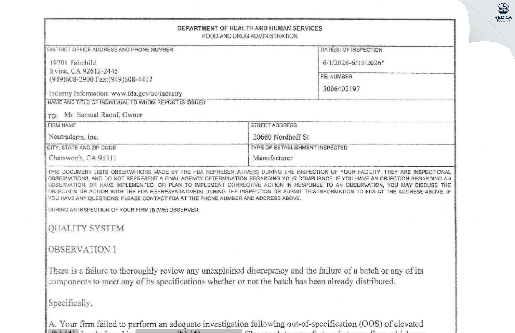 FDA 483 - Neutraderm, Inc. [Chatsworth / United States of America] - Download PDF - Redica Systems