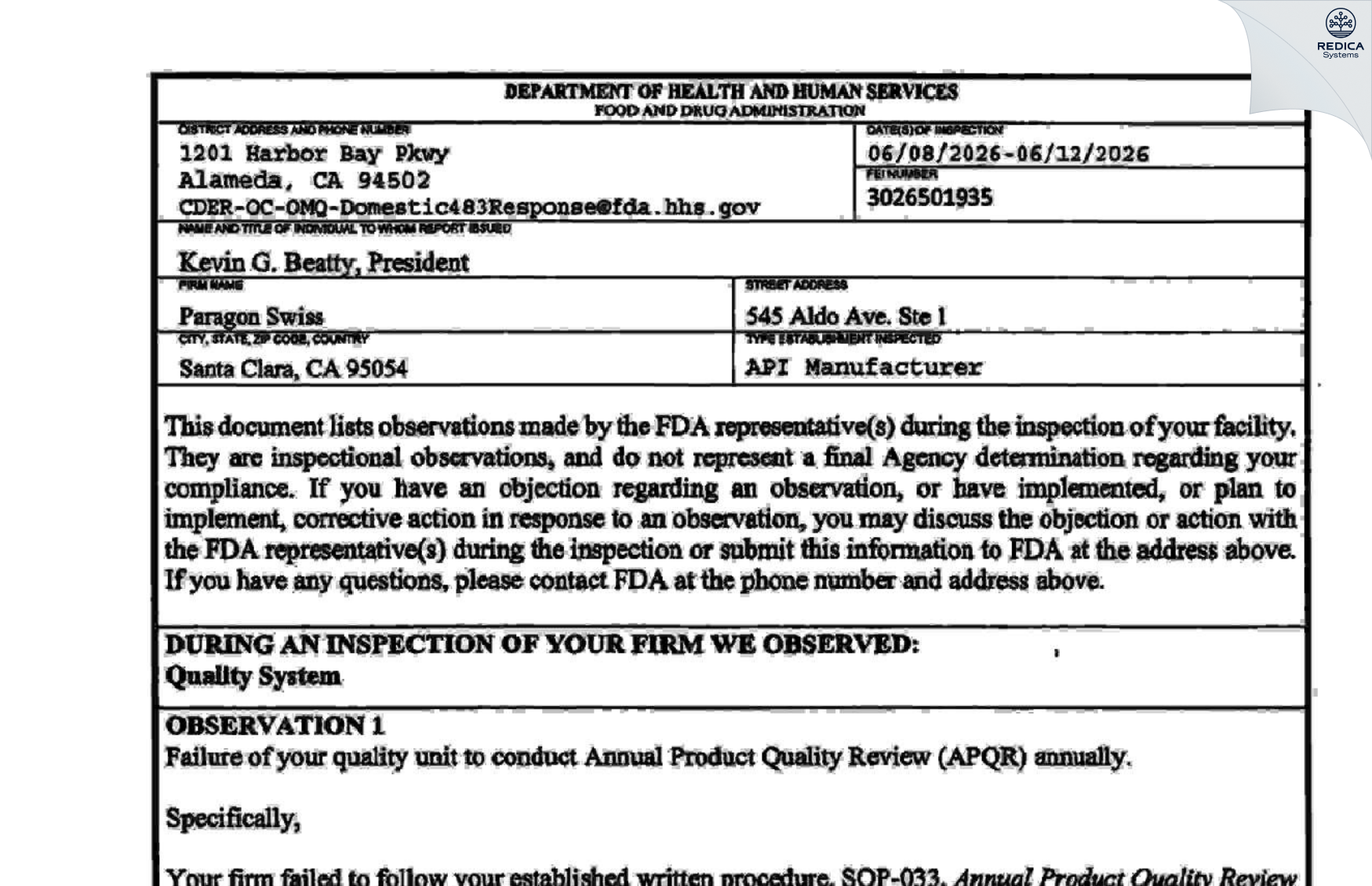 FDA 483 - Paragon Swiss [Santa Clara / United States of America] - Download PDF - Redica Systems