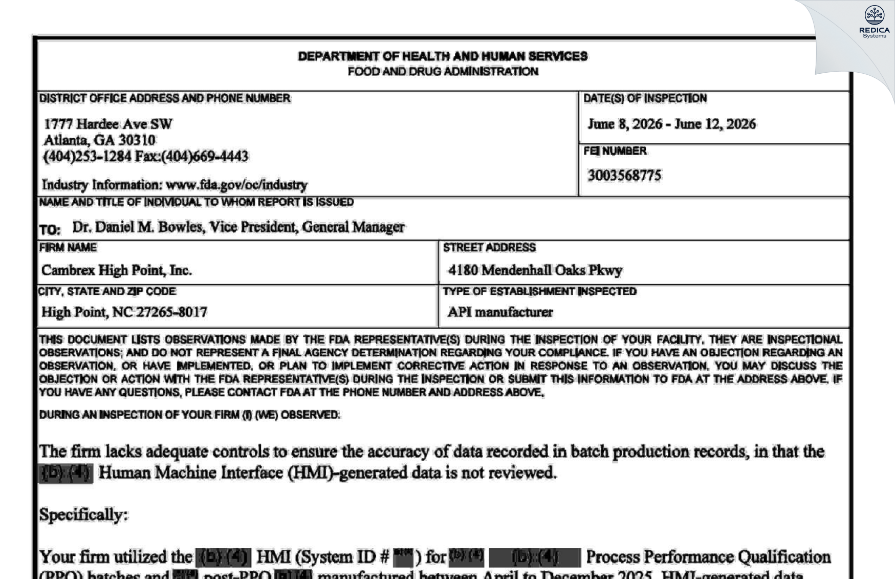 FDA 483 - Cambrex High Point, Inc. [High Point / United States of America] - Download PDF - Redica Systems