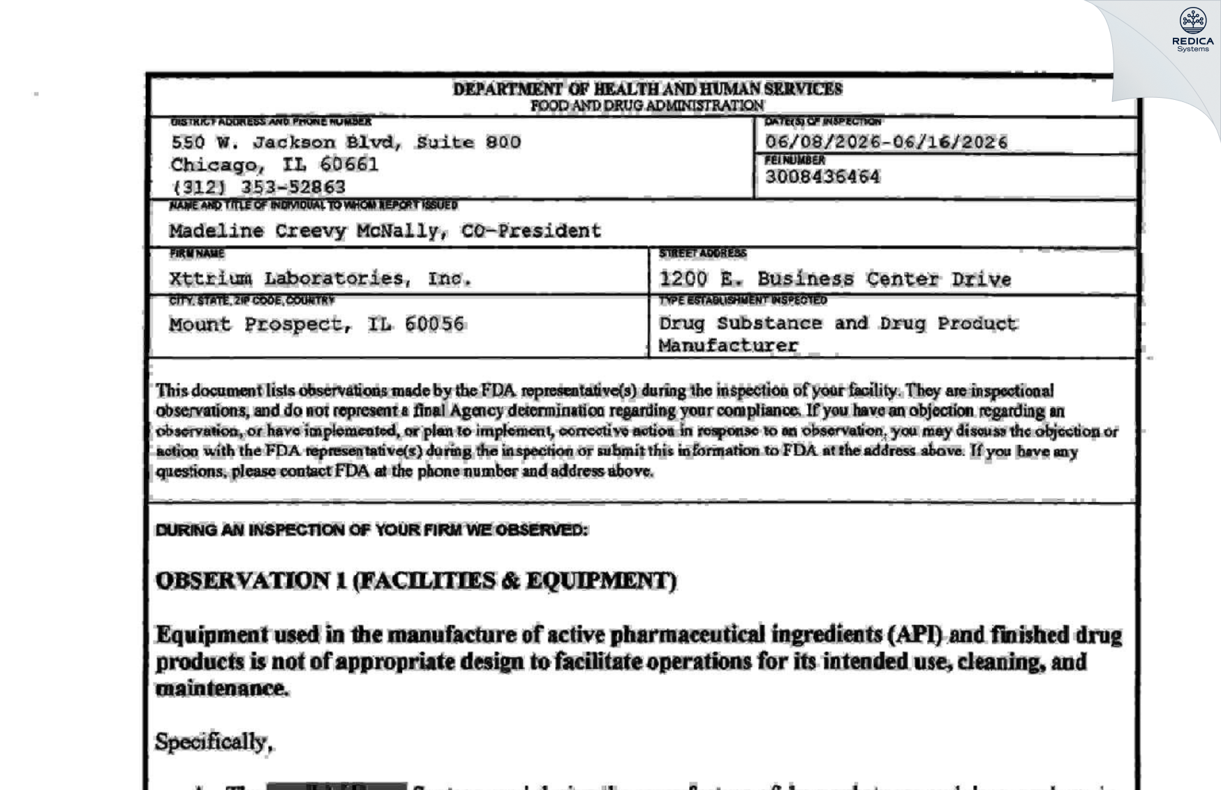 FDA 483 - Xttrium Laboratories, Inc. [Mount Prospect / United States of America] - Download PDF - Redica Systems
