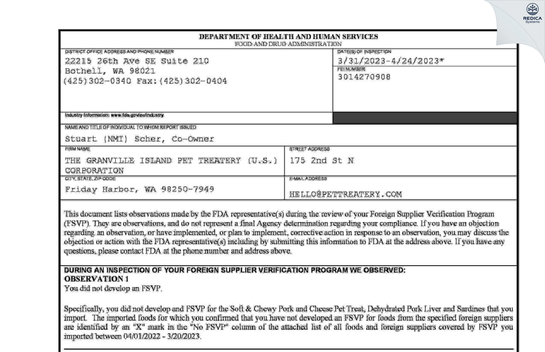 FDA 483 - THE GRANVILLE ISLAND PET TREATERY (U.S.) CORPORATION [Friday Harbor / United States of America] - Download PDF - Redica Systems