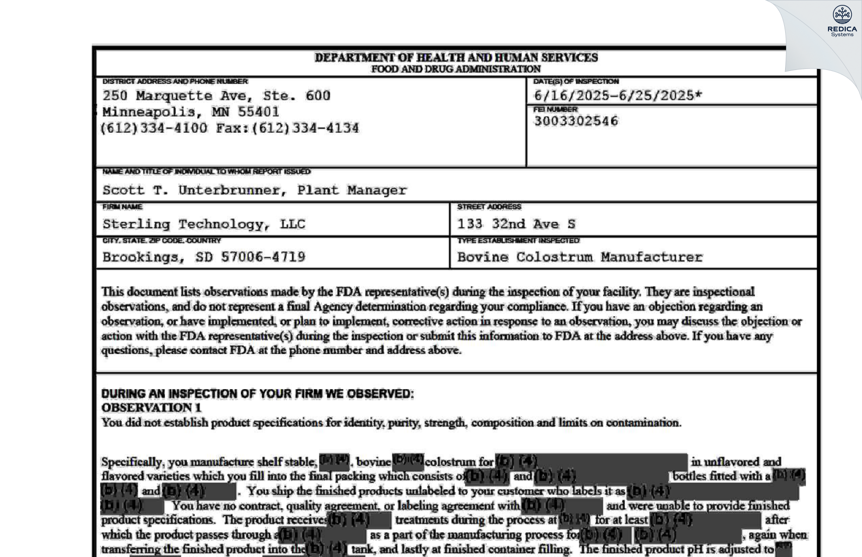 FDA 483 - Sterling Technology, Inc. [Brookings / United States of America] - Download PDF - Redica Systems