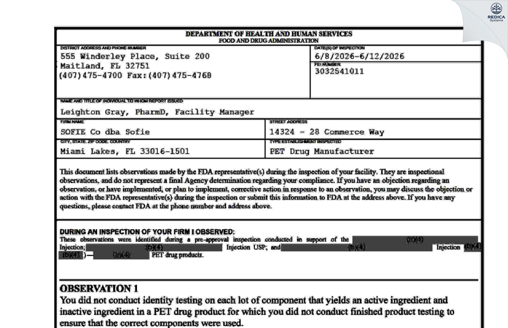 FDA 483 - Sofie Co. dba SOFIE [Miami Lakes / United States of America] - Download PDF - Redica Systems