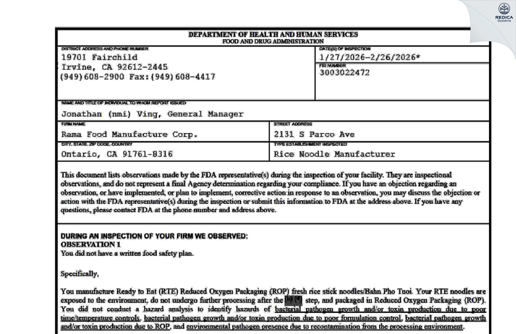 FDA 483 - Rama Food Manufacture Corp. [Ontario / United States of America] - Download PDF - Redica Systems