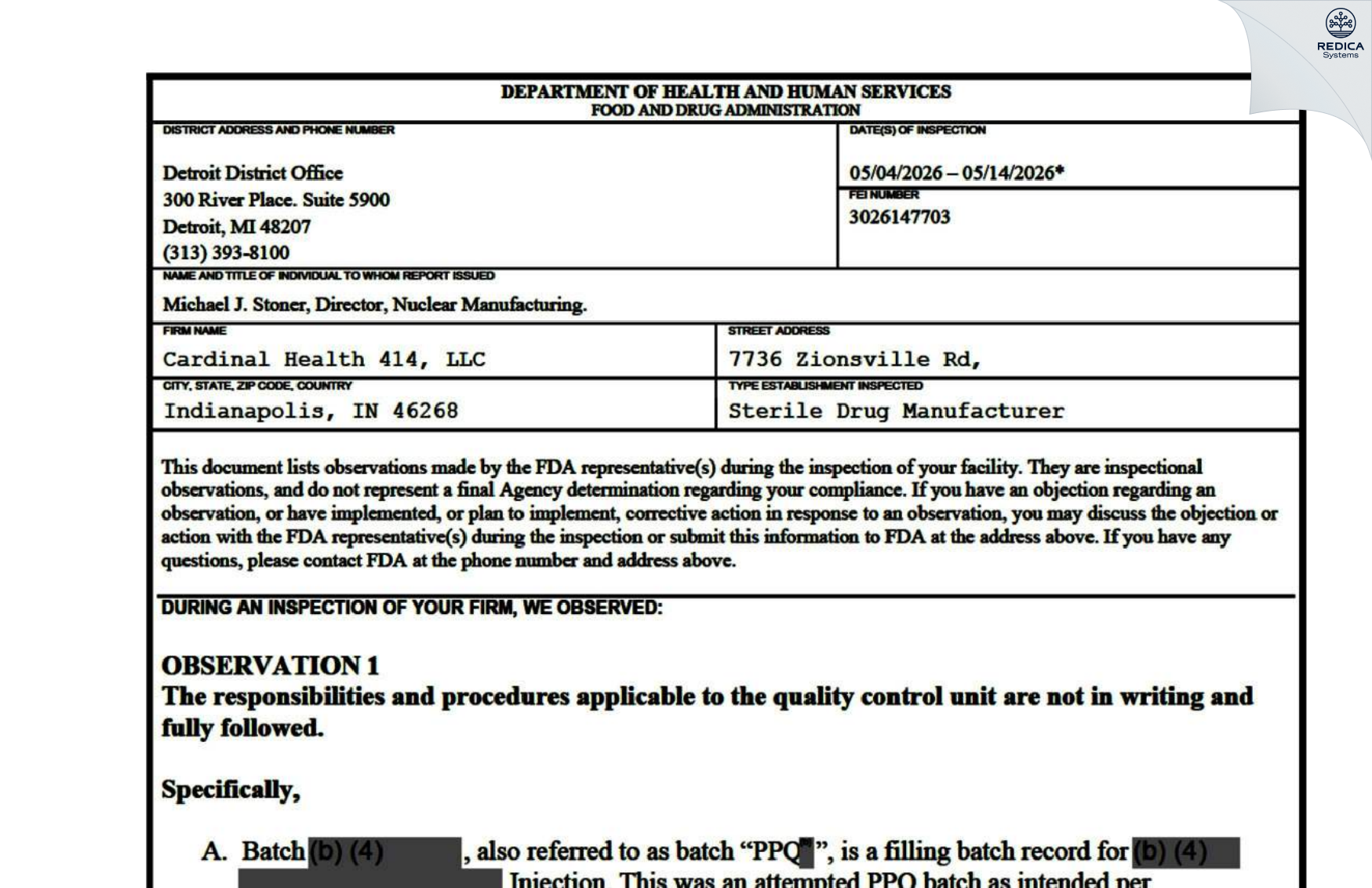 FDA 483 - Cardinal Health [Indianapolis / United States of America] - Download PDF - Redica Systems