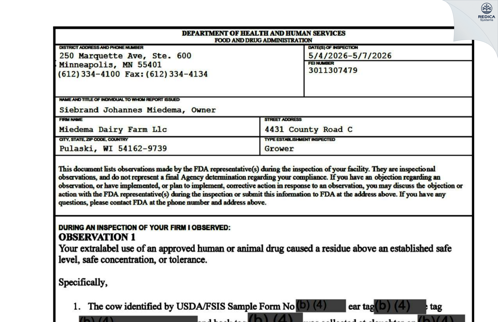 FDA 483 - Miedema Dairy Farm Llc [Pulaski / United States of America] - Download PDF - Redica Systems