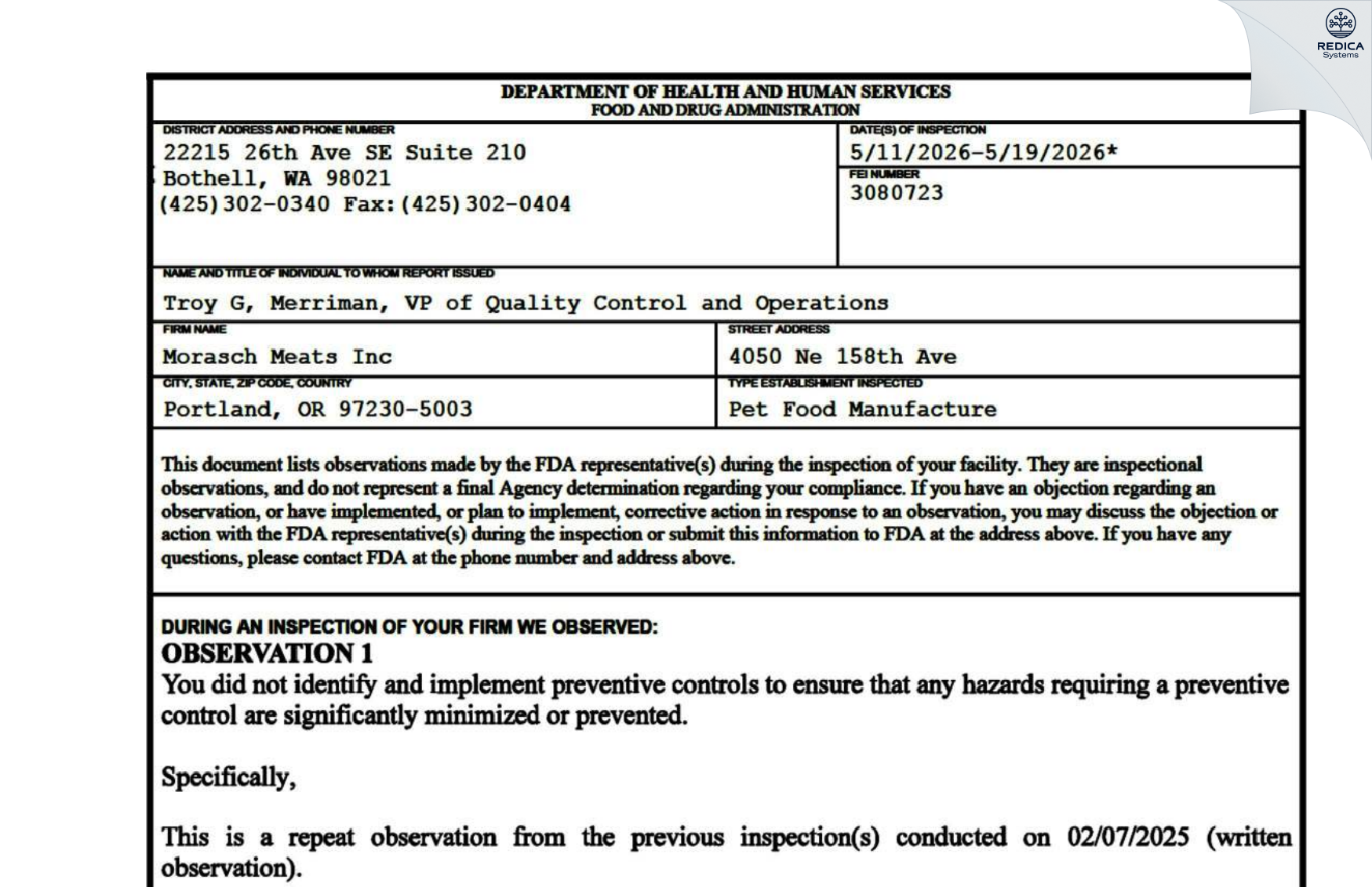 FDA 483 - Morasch Meats Inc [Portland / United States of America] - Download PDF - Redica Systems