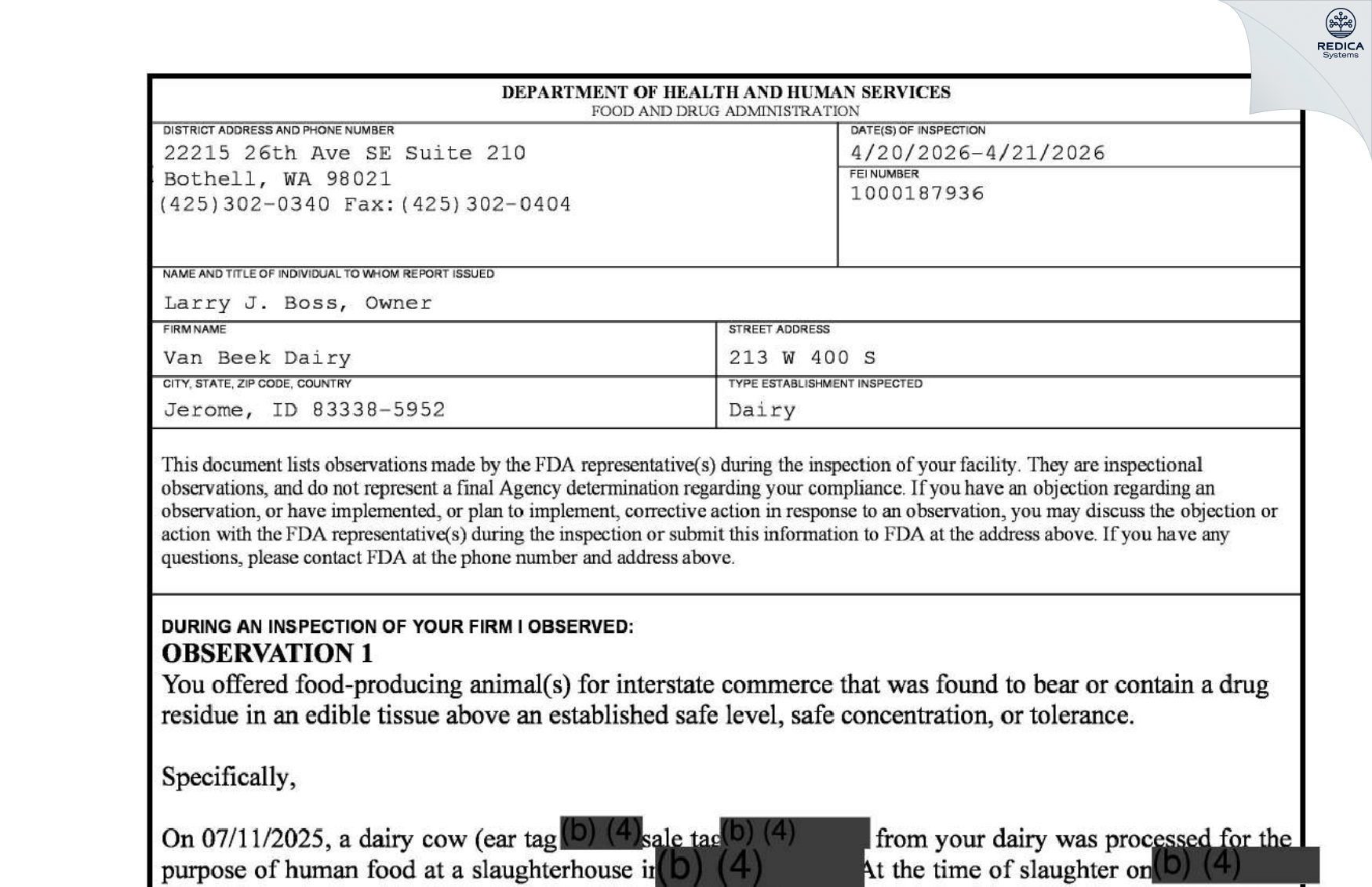 FDA 483 - Van Beek Dairy [Jerome / United States of America] - Download PDF - Redica Systems