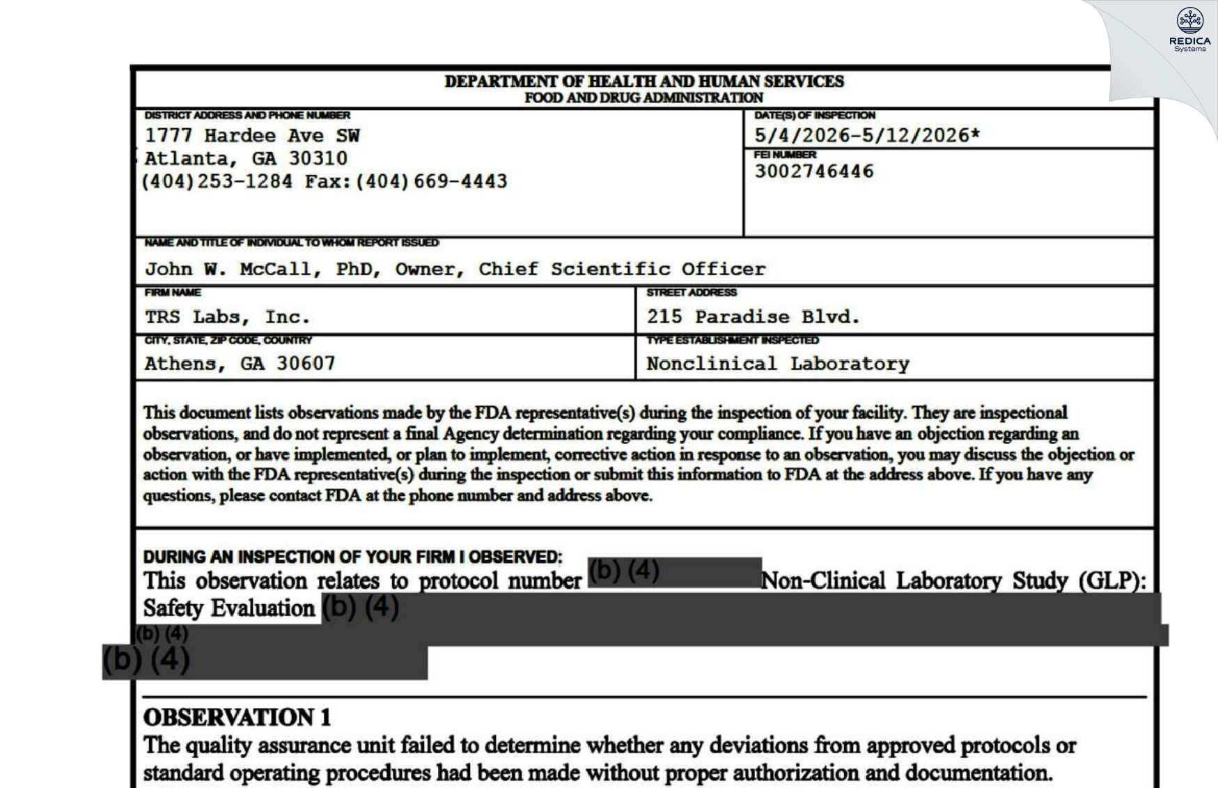 FDA 483 - TRS Labs Inc. [Athens / United States of America] - Download PDF - Redica Systems