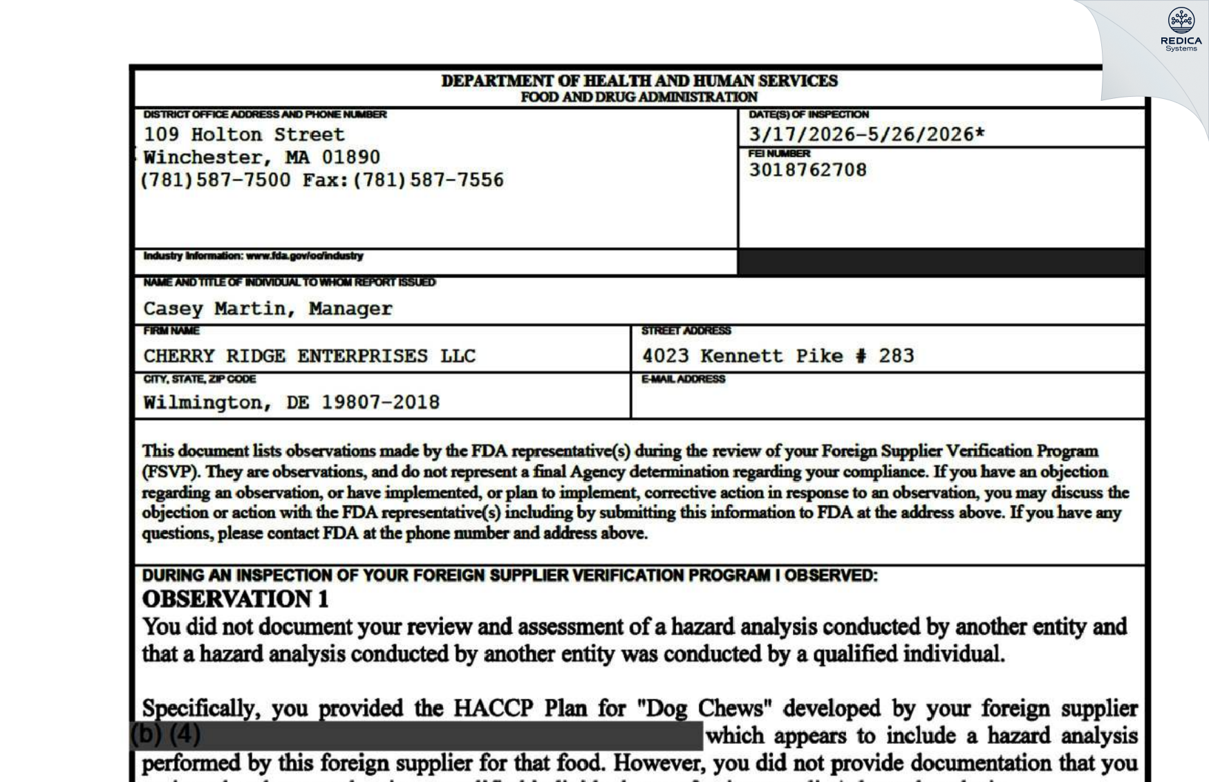 FDA 483 - CHERRY RIDGE ENTERPRISES LLC [Wilmington / United States of America] - Download PDF - Redica Systems