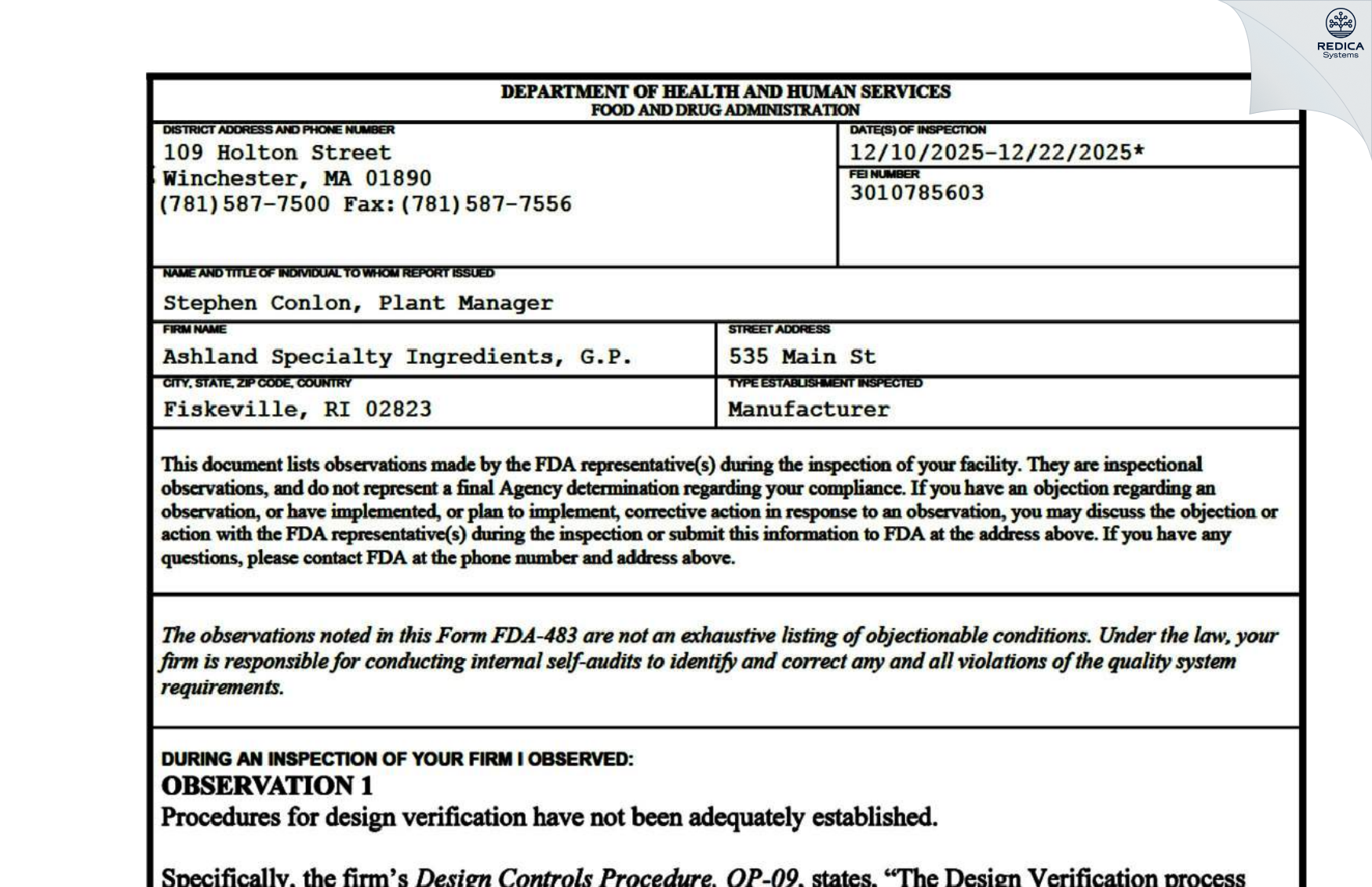 FDA 483 - Ashland Specialty Ingredients, G.P. [Coventry / United States of America] - Download PDF - Redica Systems