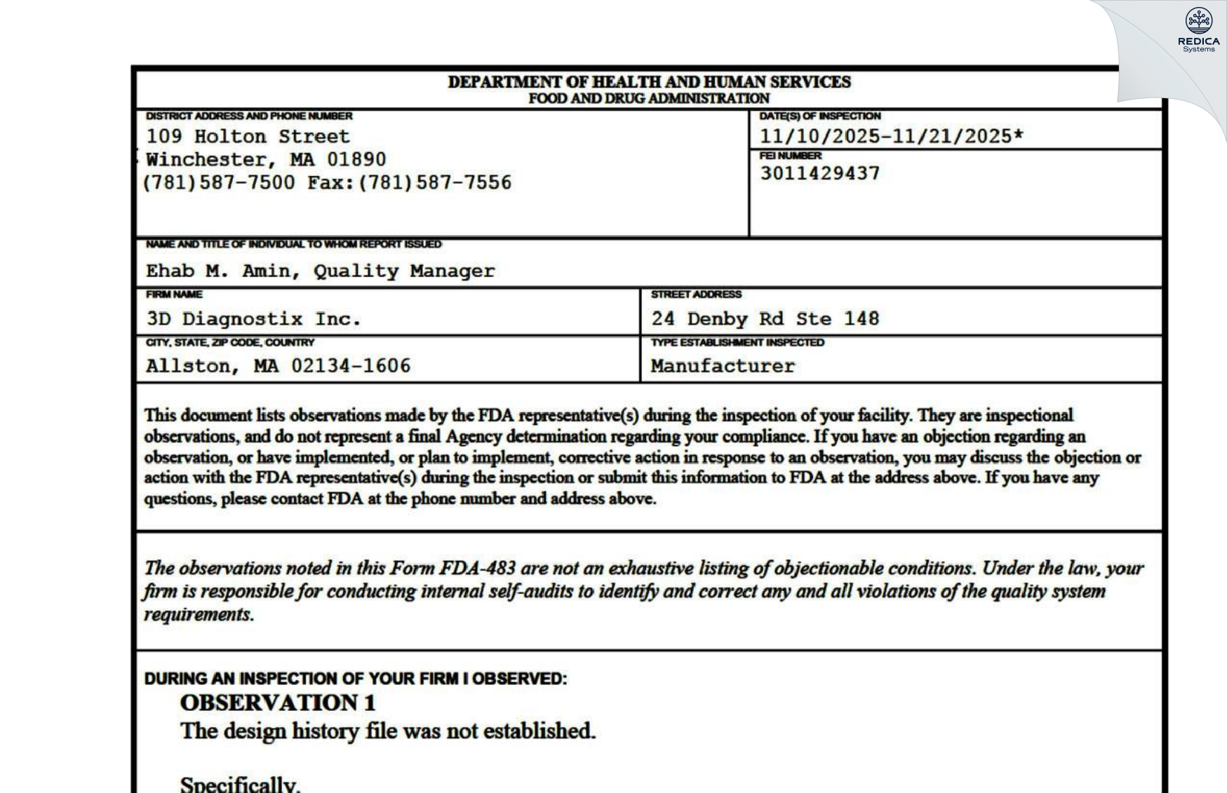 FDA 483 - 3D DIAGNOSTIX INC [Allston / United States of America] - Download PDF - Redica Systems