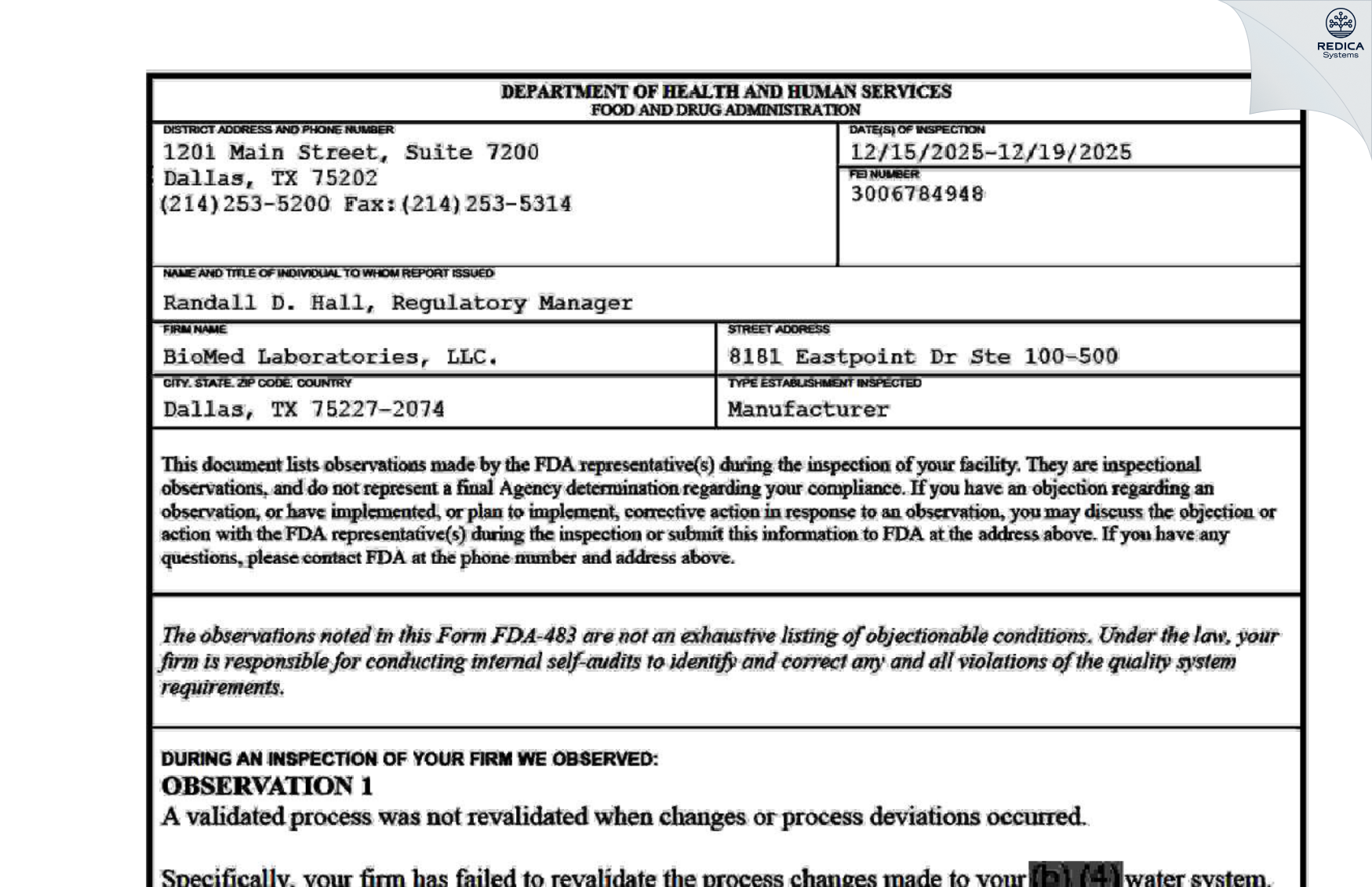 FDA 483 - Biomed Laboratories LLC [Dallas / United States of America] - Download PDF - Redica Systems
