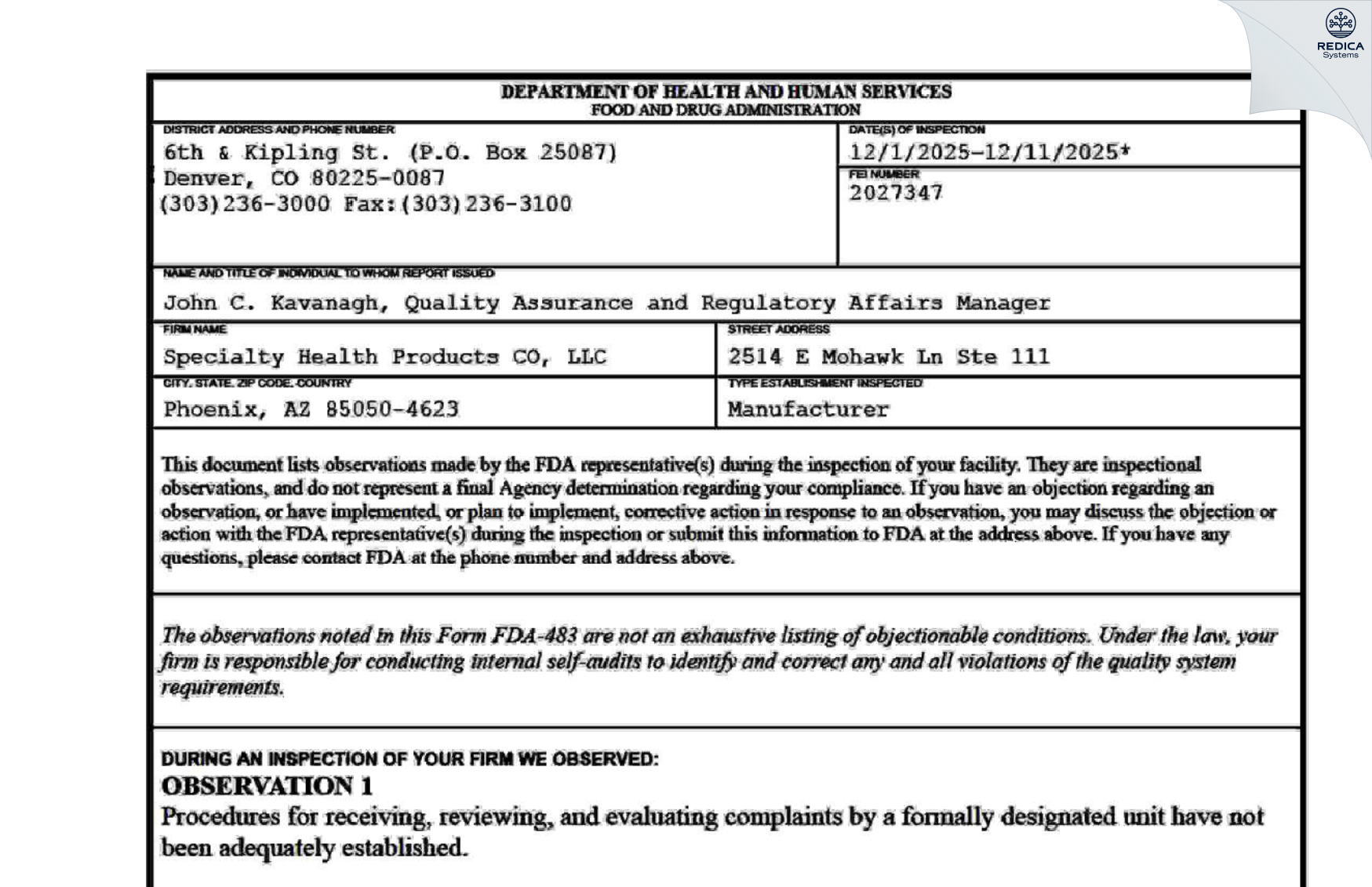 FDA 483 - Specialty Health Products Inc [Phoenix / United States of America] - Download PDF - Redica Systems