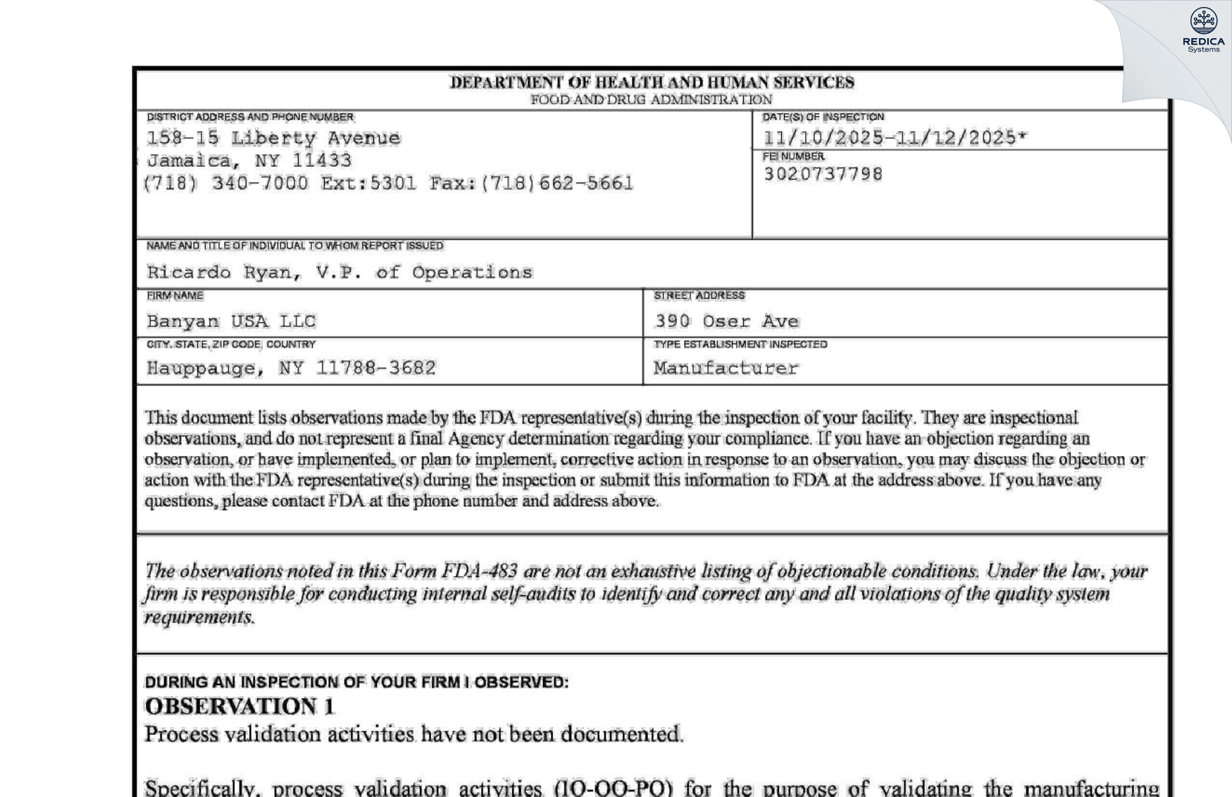 FDA 483 - Banyan USA LLC [Hauppauge / United States of America] - Download PDF - Redica Systems