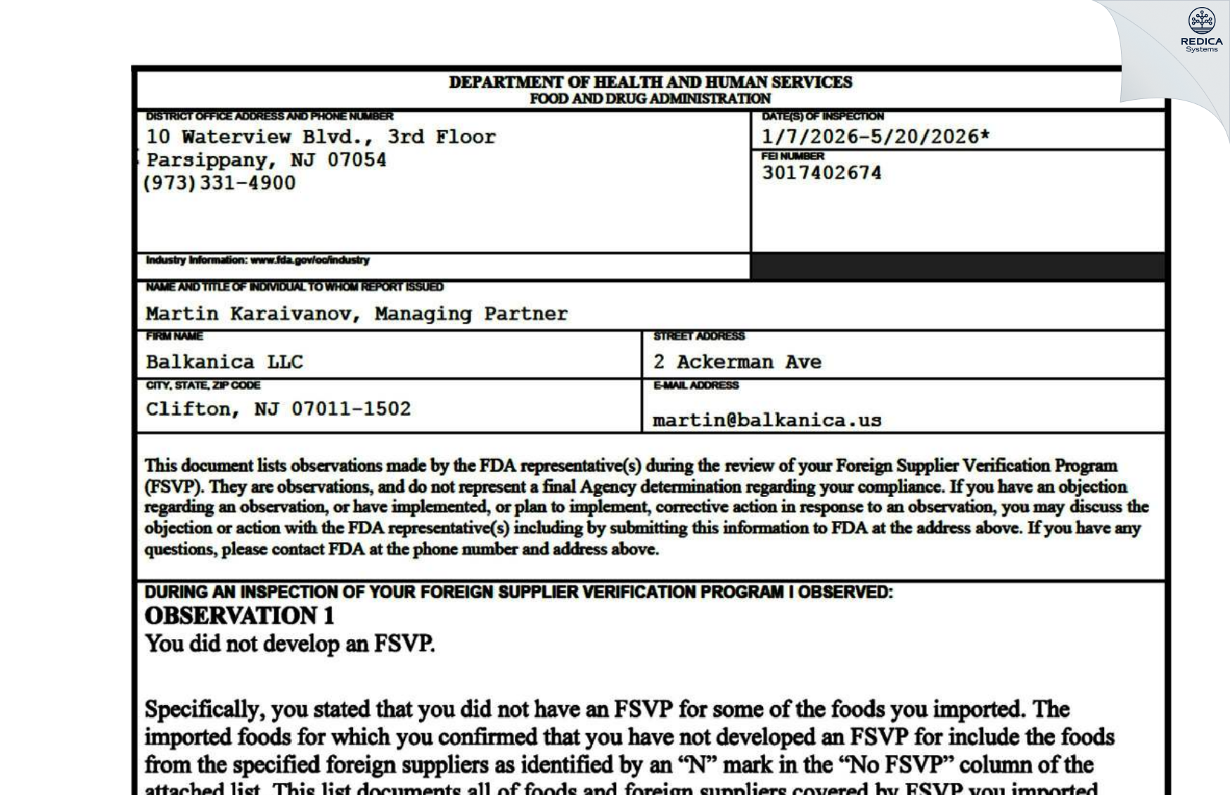 FDA 483 - Balkanica [Clifton / United States of America] - Download PDF - Redica Systems